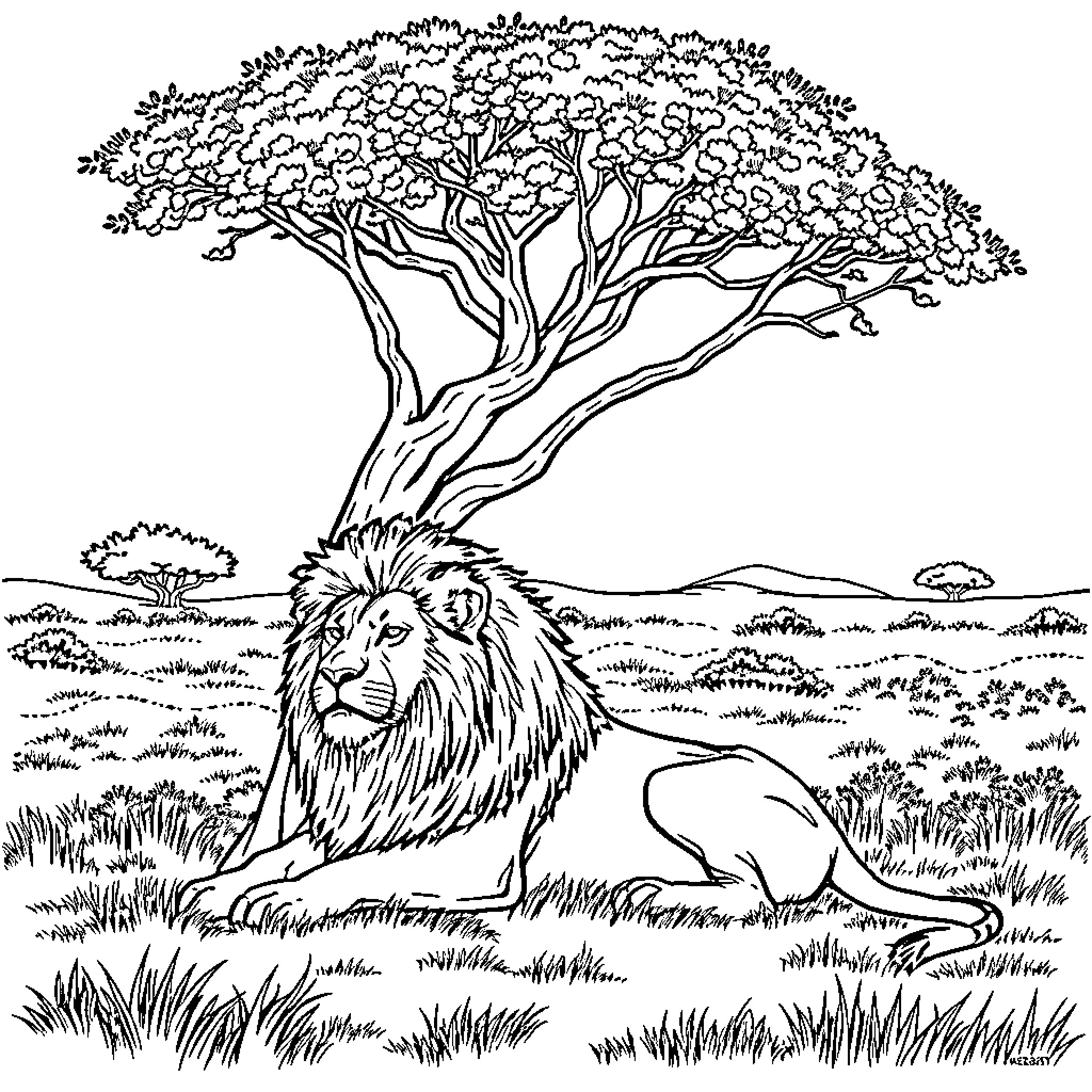 Lion resting in the savannah landscape Coloring Page (free black-and-white line drawing printable PDF for all, from beginners to advanced learners, including children, teens, adults, and seniors)