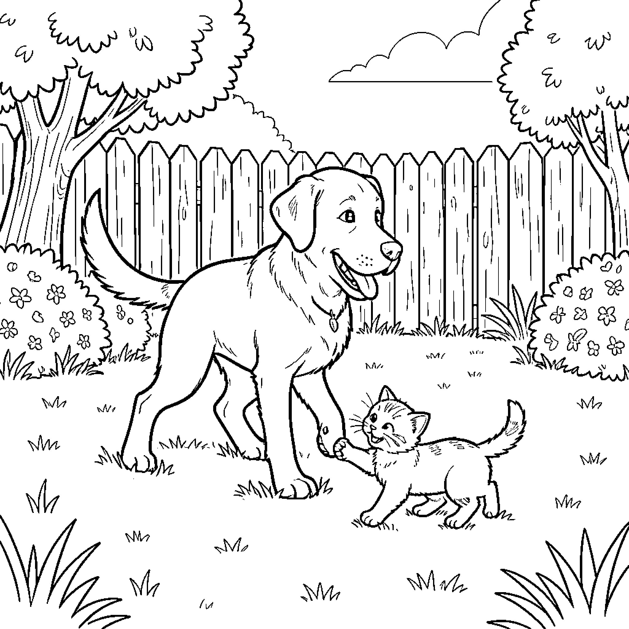 Labrador interacting playfully with a small kitten outdoors Coloring Page (free black-and-white line drawing printable PDF for all, from beginners to advanced learners, including children, teens, adults, and seniors)