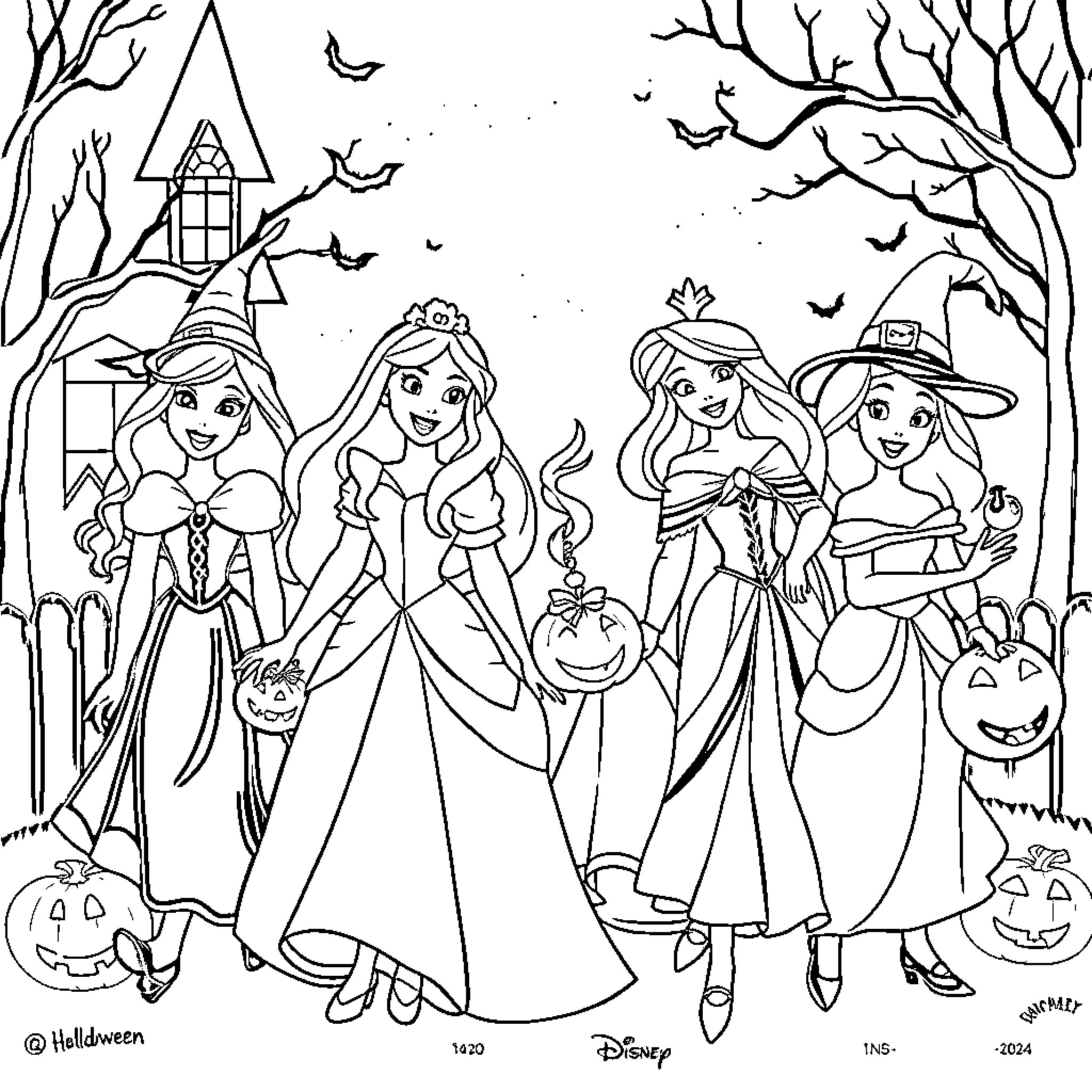 Disney Princesses Trick-or-Treating on Halloween Coloring Page (free black-and-white line drawing printable PDF for all, from beginners to advanced learners, including children, teens, adults, and seniors)