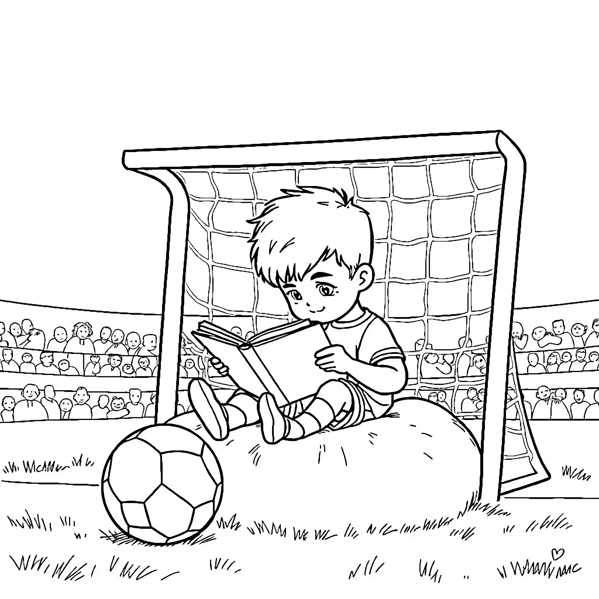 Niño reading a book on the soccer field Coloring Page (free black-and-white line drawing printable PDF for all, from beginners to advanced learners, including children, teens, adults, and seniors)