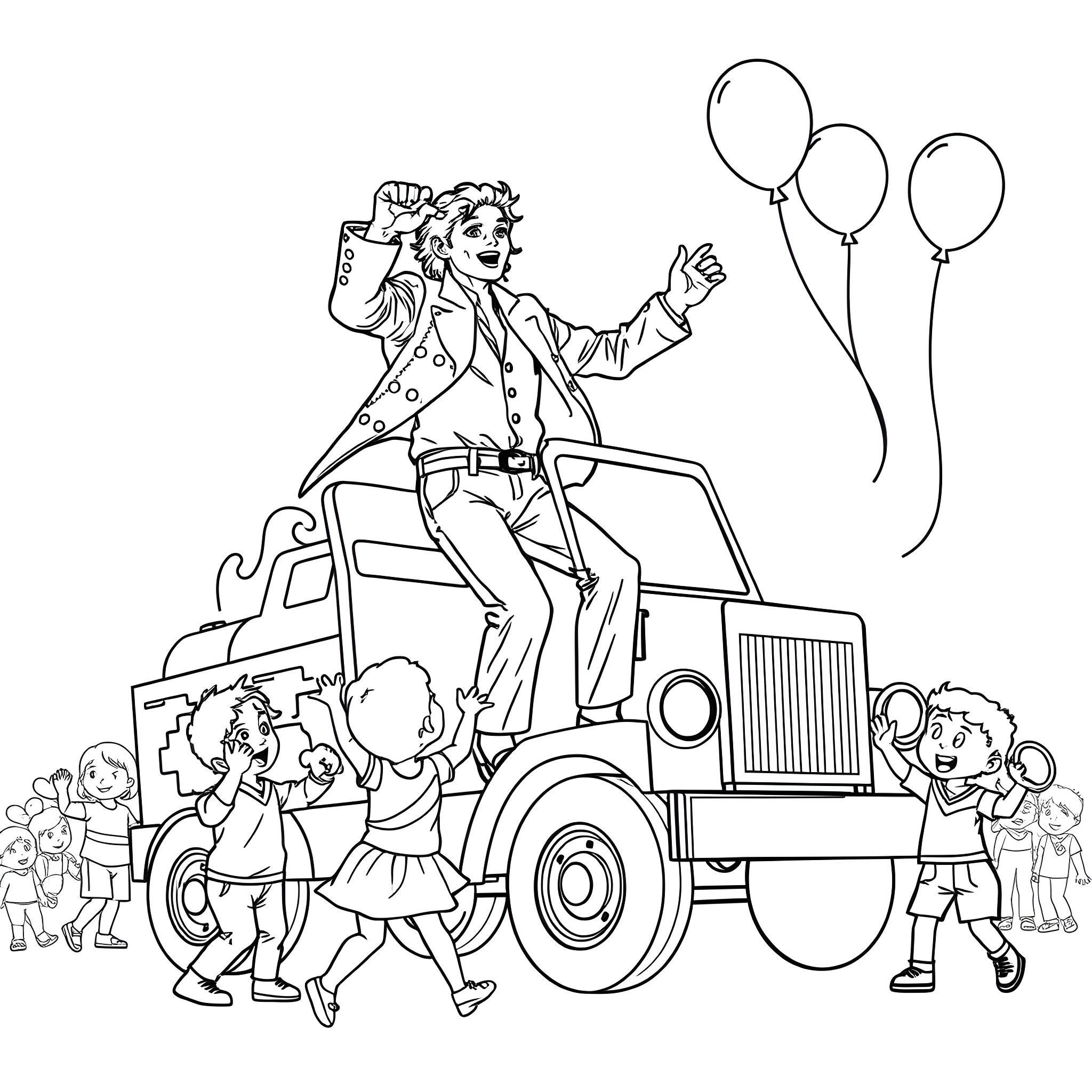 Michael Jackson celebrating with kids and balloons Coloring Page (free black-and-white line drawing printable PDF for all, from beginners to advanced learners, including children, teens, adults, and seniors)