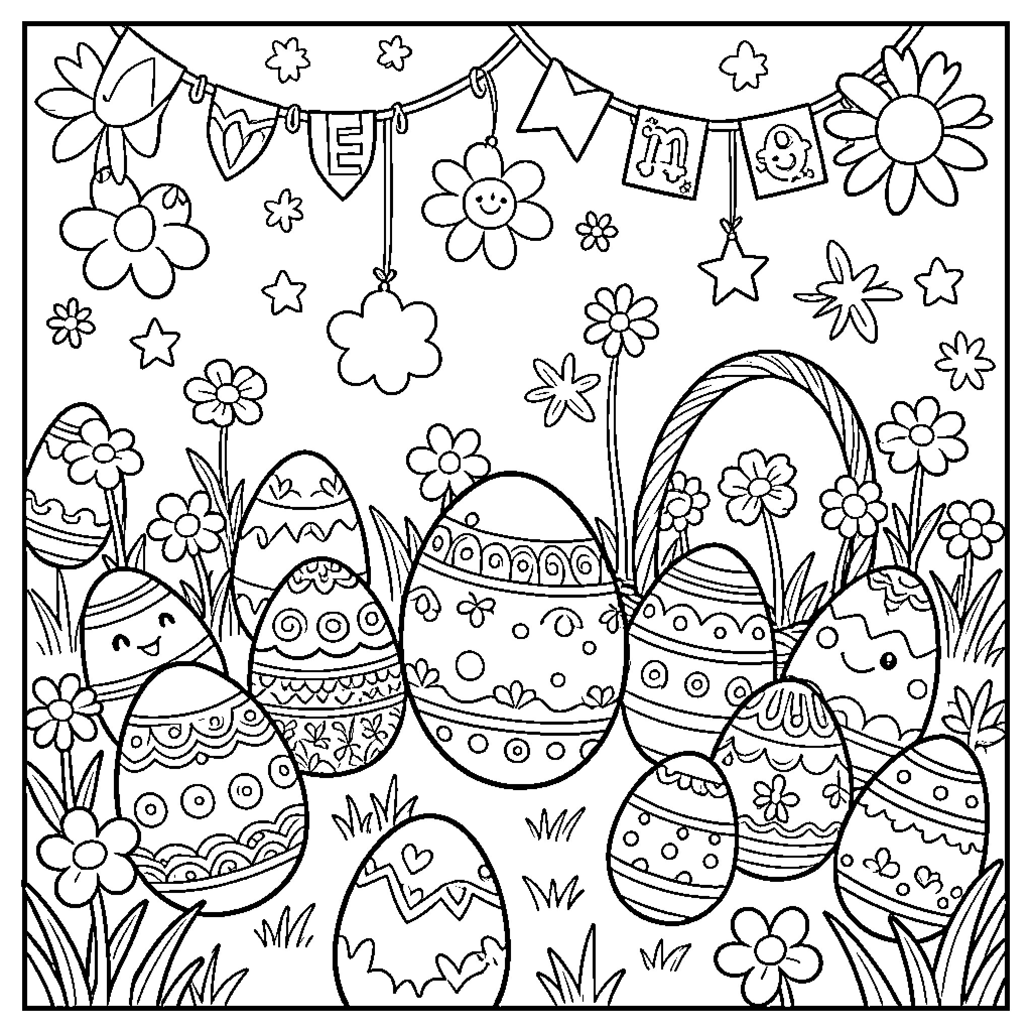 Easter Celebration with Decorative Eggs and Flowers Coloring Page (free black-and-white line drawing printable PDF for all, from beginners to advanced learners, including children, teens, adults, and seniors)