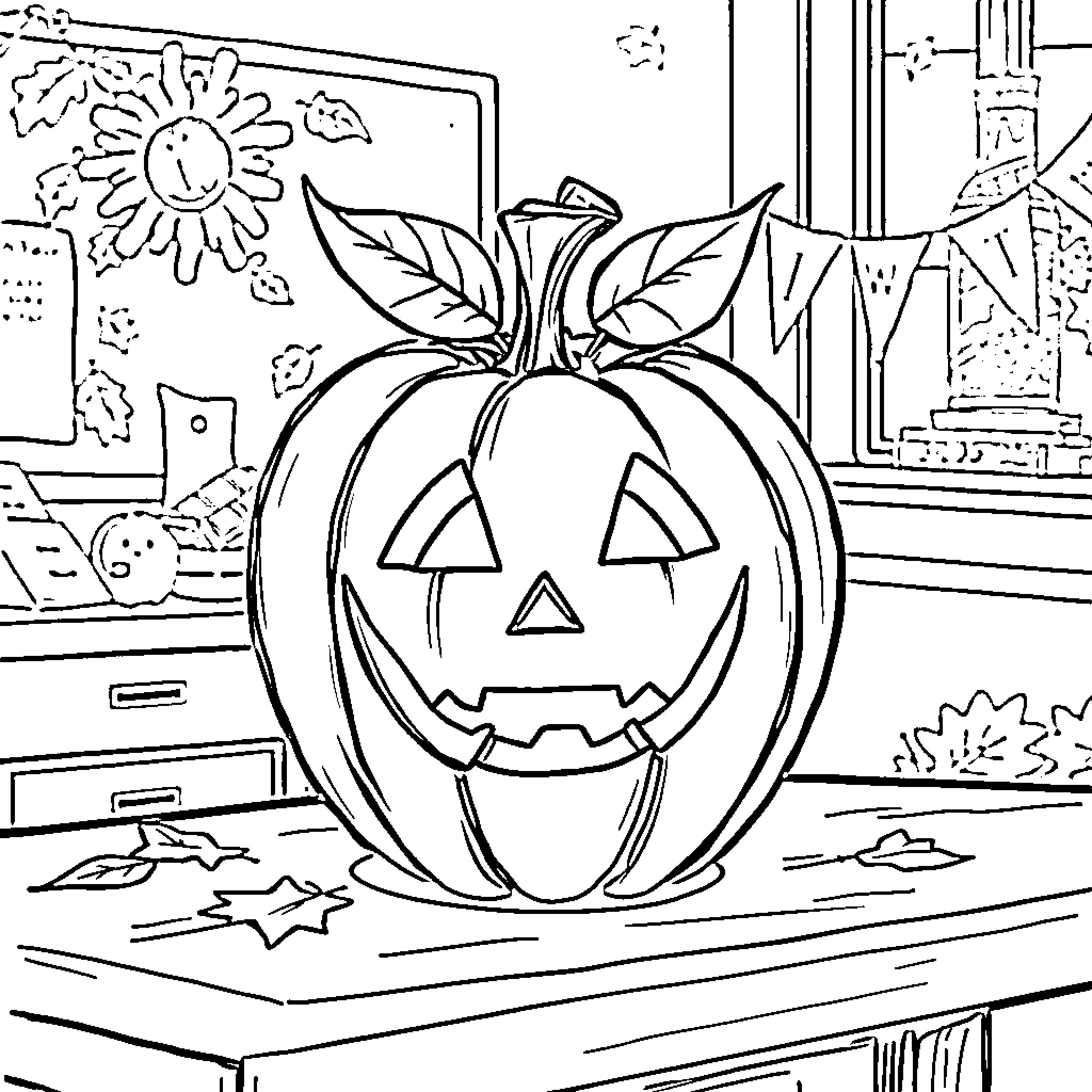 Apple Jack-o'-lantern decor and autumn scene Coloring Page (free black-and-white line drawing printable PDF for all, from beginners to advanced learners, including children, teens, adults, and seniors)
