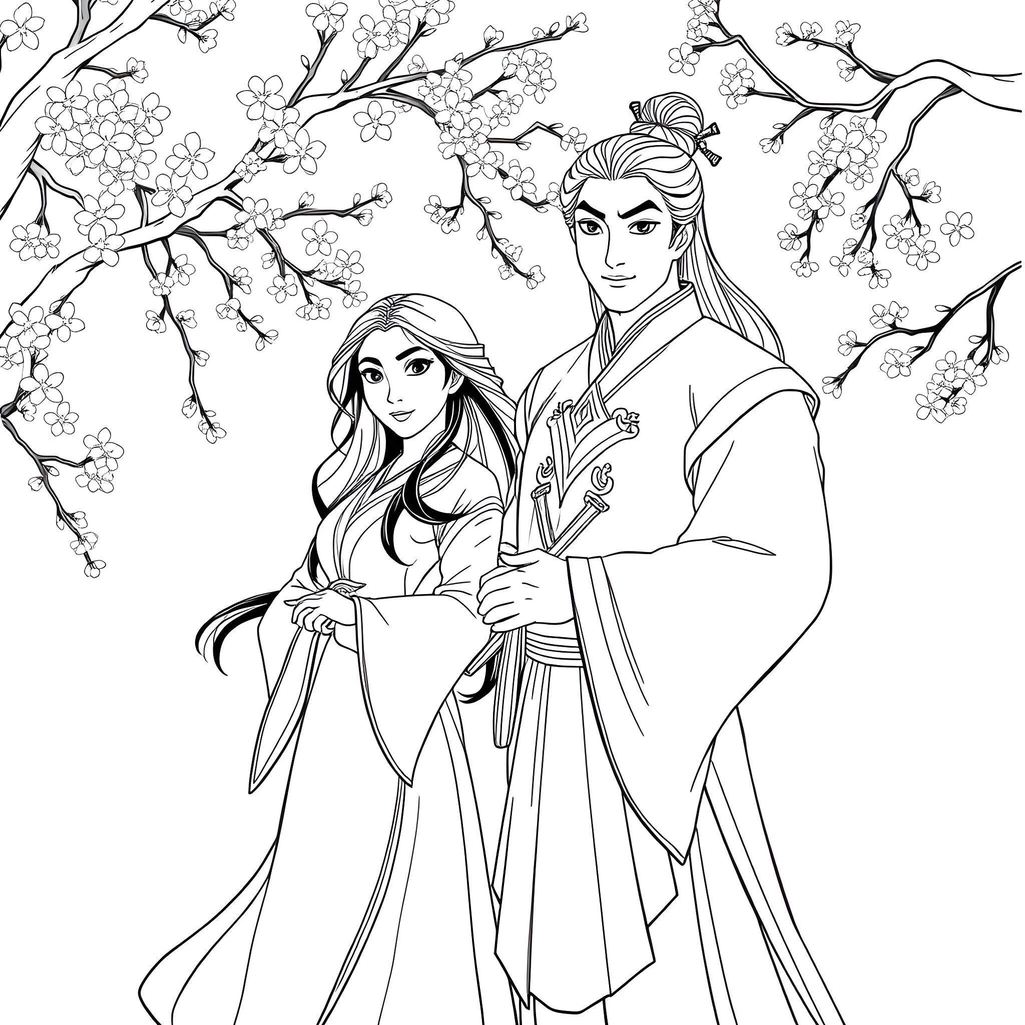 Mulan and Shang in Traditional Chinese Attire Coloring Page (free black-and-white line drawing printable PDF for all, from beginners to advanced learners, including children, teens, adults, and seniors)