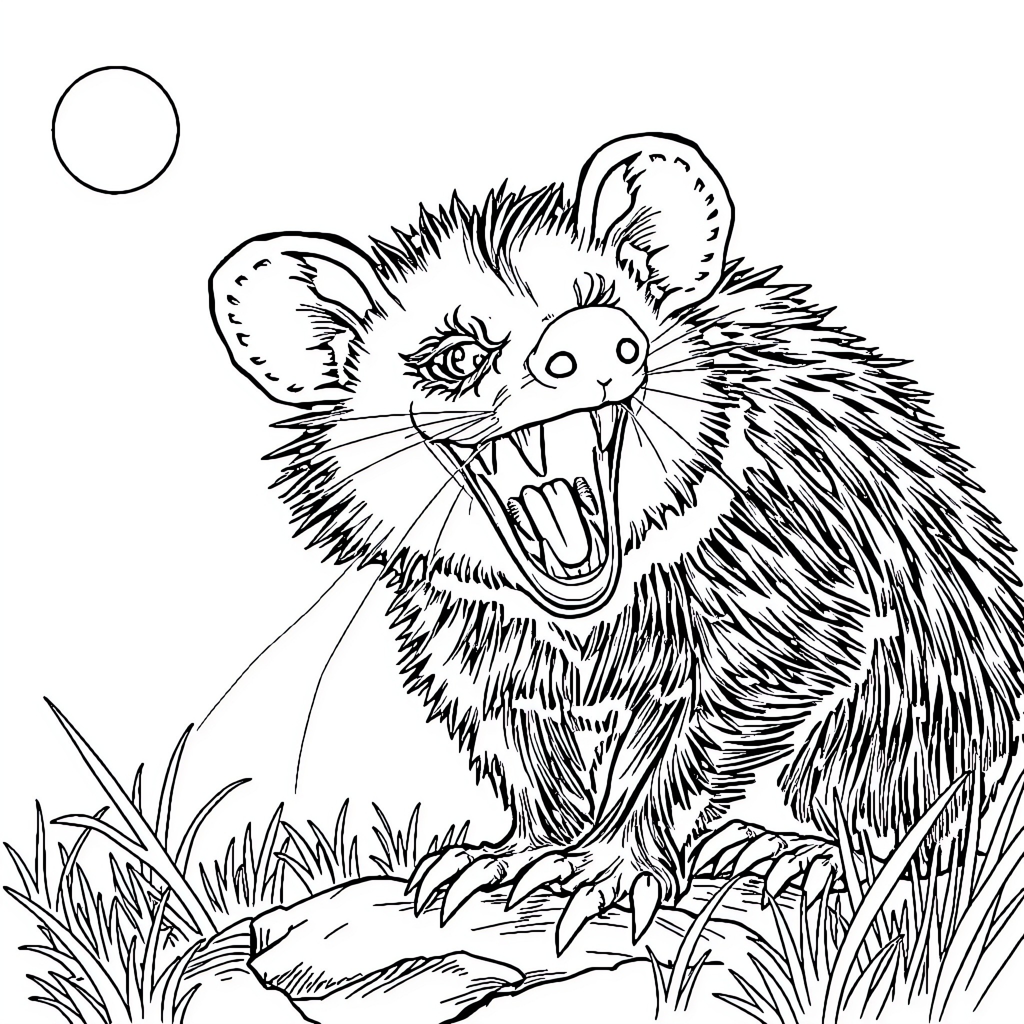 Opossum baring ferocious fangs in the wild Coloring Page (free black-and-white line drawing printable PDF for all, from beginners to advanced learners, including children, teens, adults, and seniors)