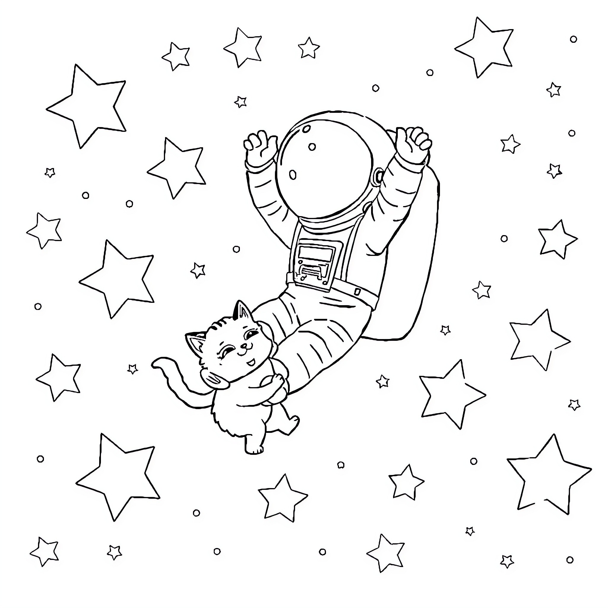 Astronaut floating with a playful cat in space Coloring Page (free black-and-white line drawing printable PDF for all, from beginners to advanced learners, including children, teens, adults, and seniors)