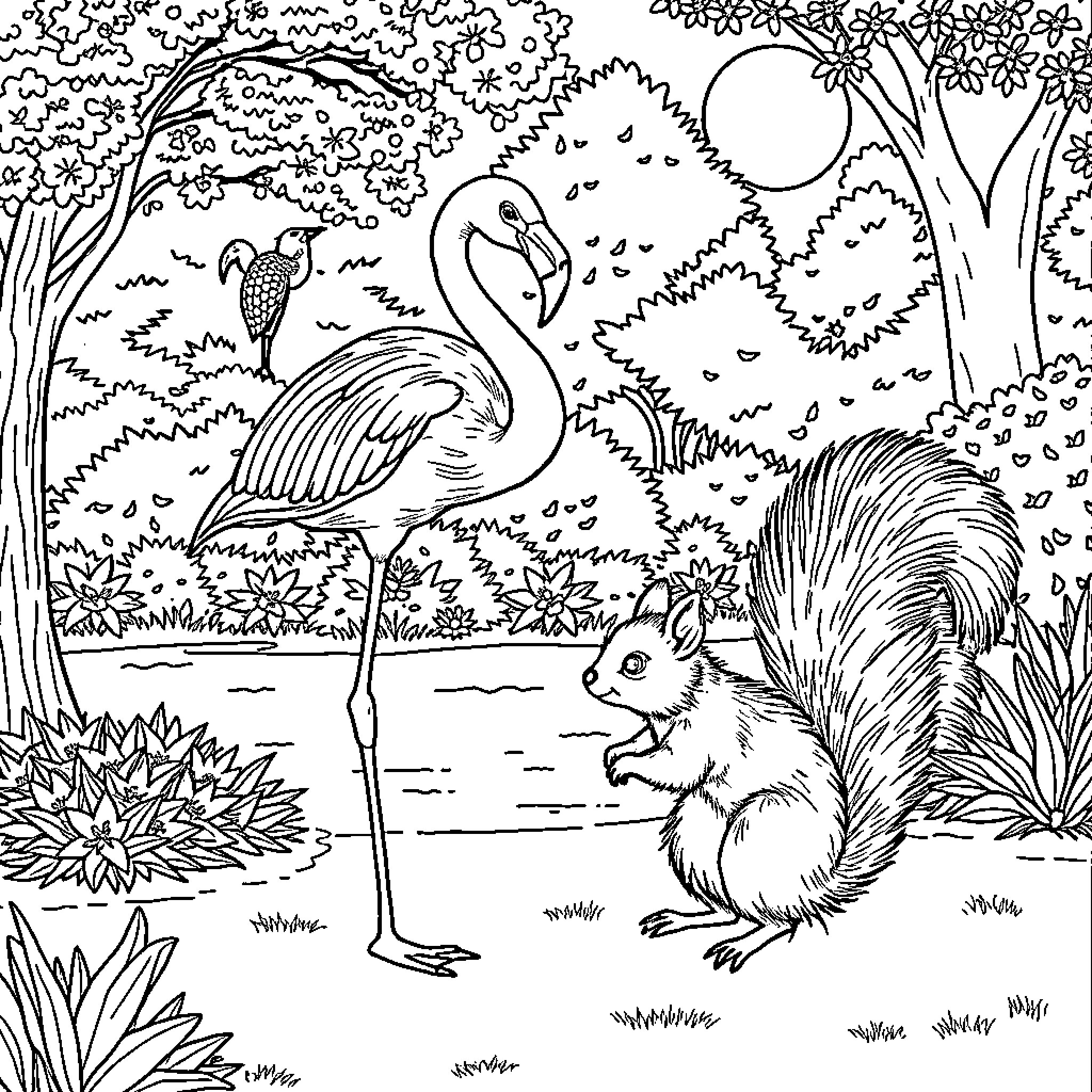 Flamingo and Squirrel in Whimsical Forest Setting Coloring Page (free black-and-white line drawing printable PDF for all, from beginners to advanced learners, including children, teens, adults, and seniors)