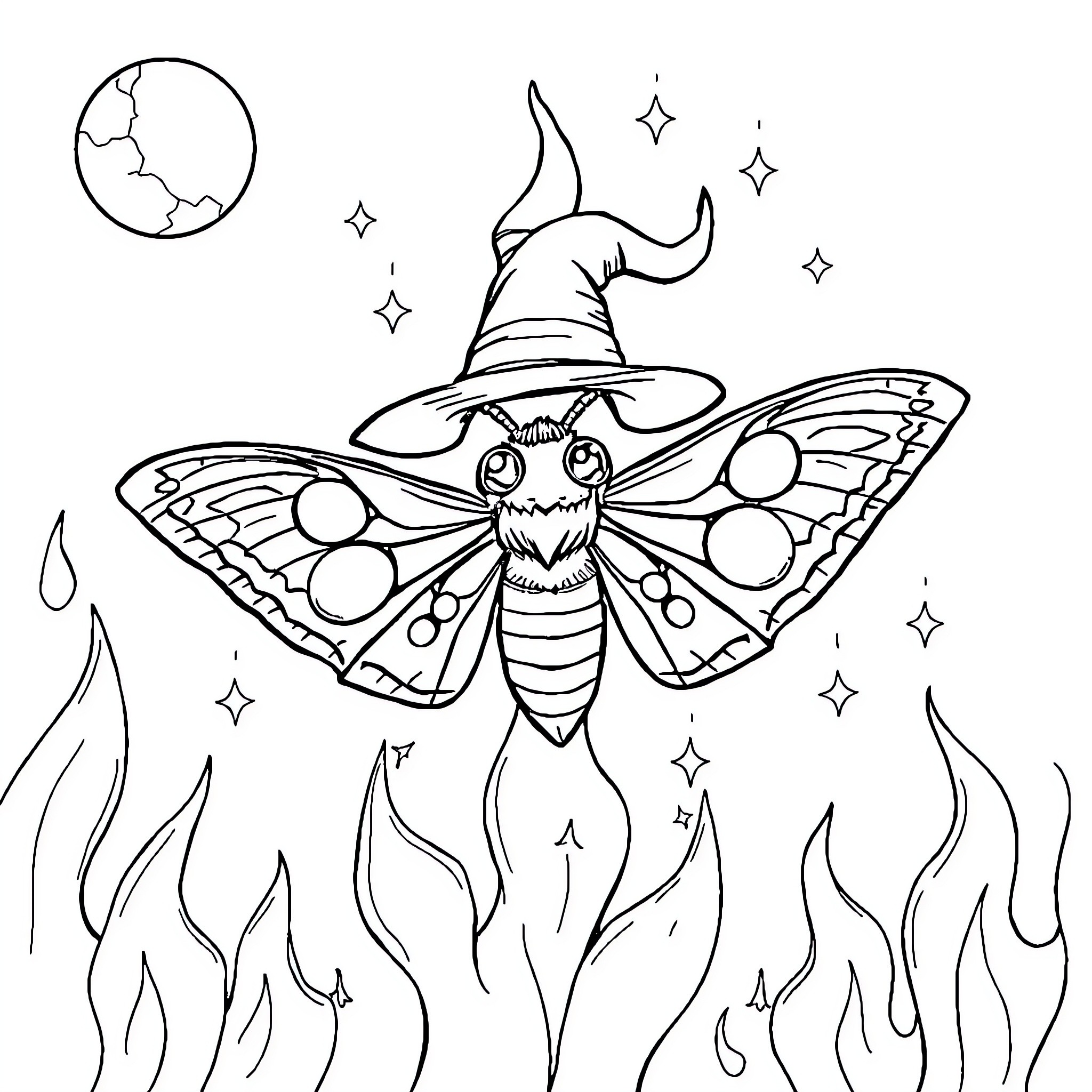 Moth wearing a witch hat surrounded by magical elements Coloring Page (free black-and-white line drawing printable PDF for all, from beginners to advanced learners, including children, teens, adults, and seniors)