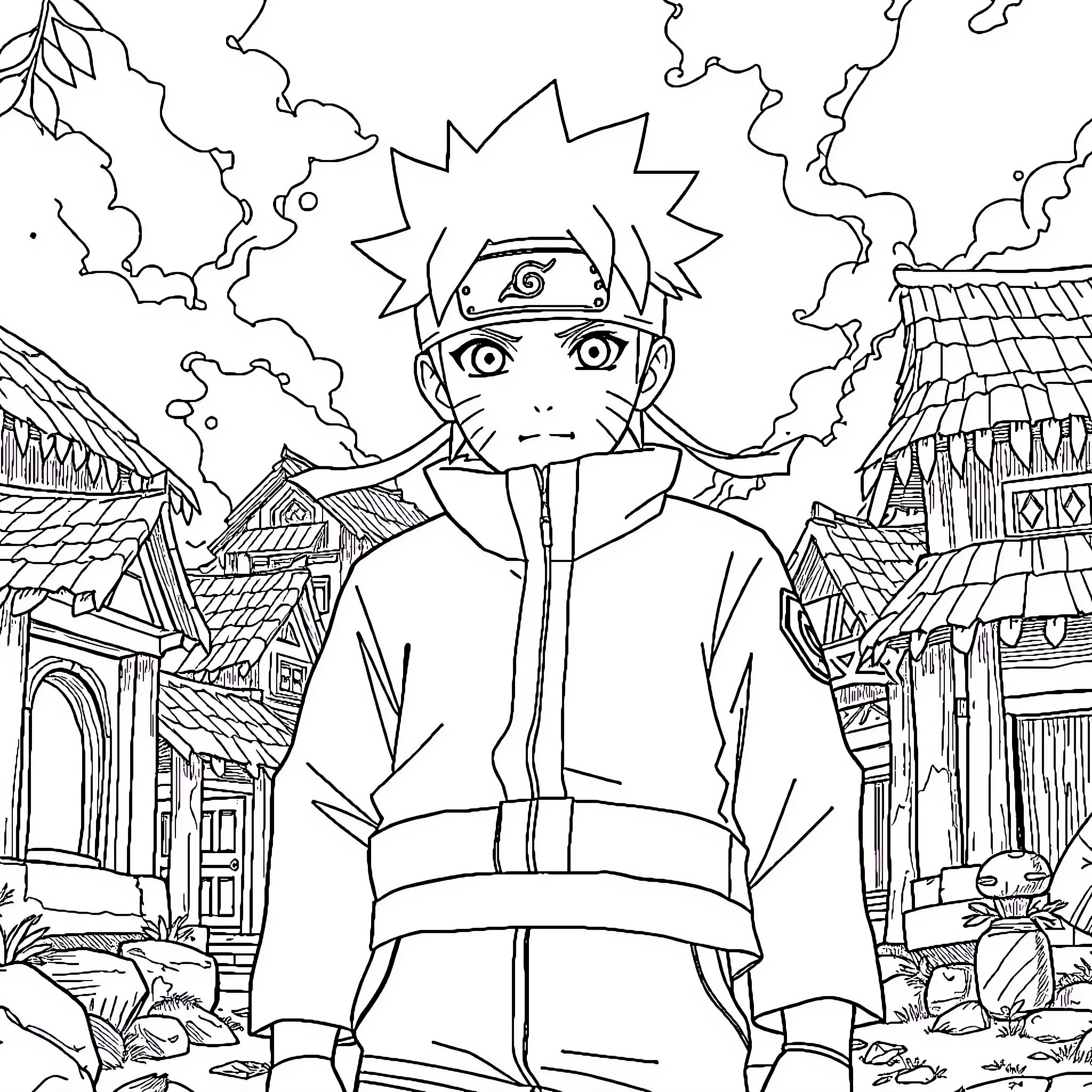 Naruto facing challenging situation in ninja village Coloring Page (free black-and-white line drawing printable PDF for all, from beginners to advanced learners, including children, teens, adults, and seniors)