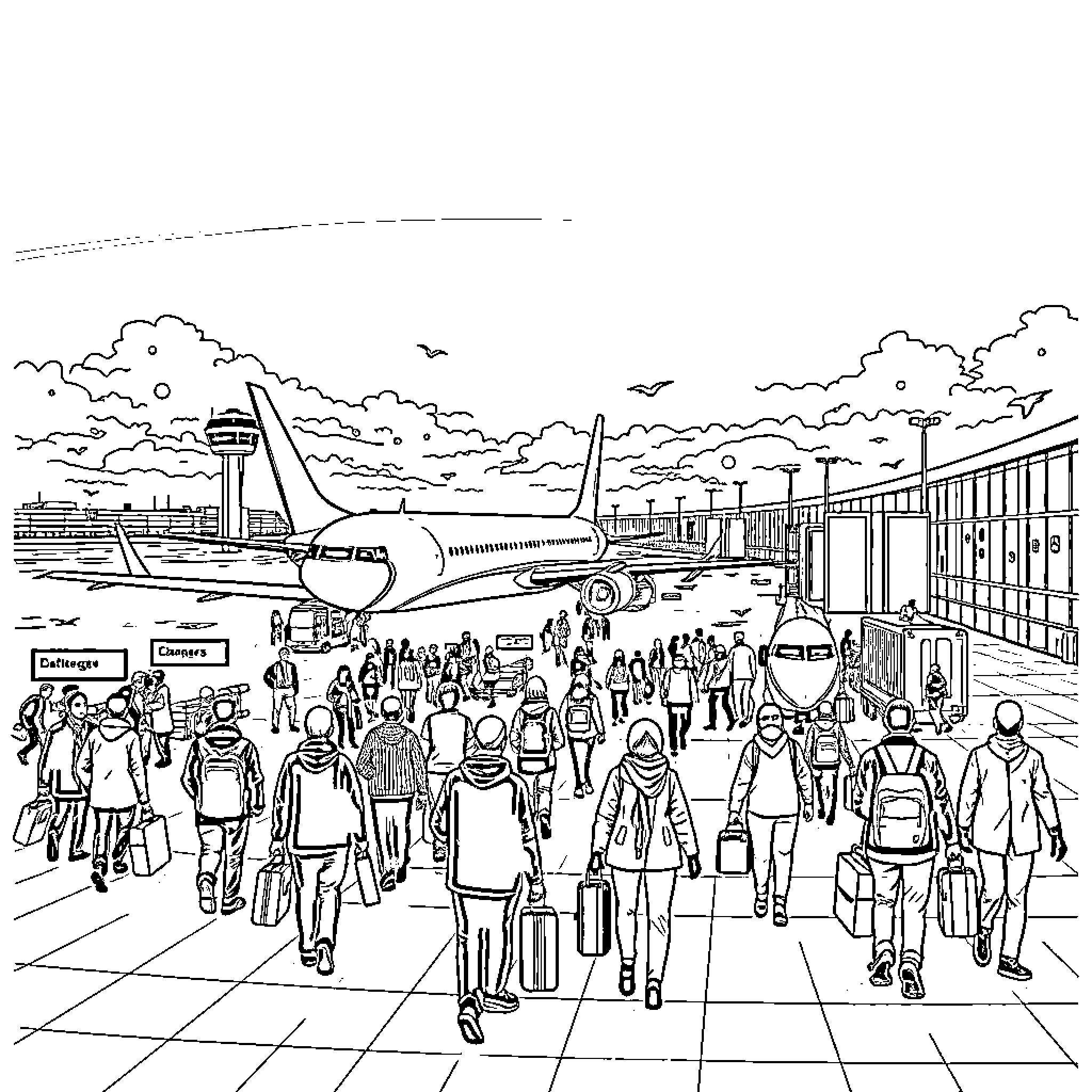 Airport scene with bustling crowds and airplanes Coloring Page (free black-and-white line drawing printable PDF for all, from beginners to advanced learners, including children, teens, adults, and seniors)