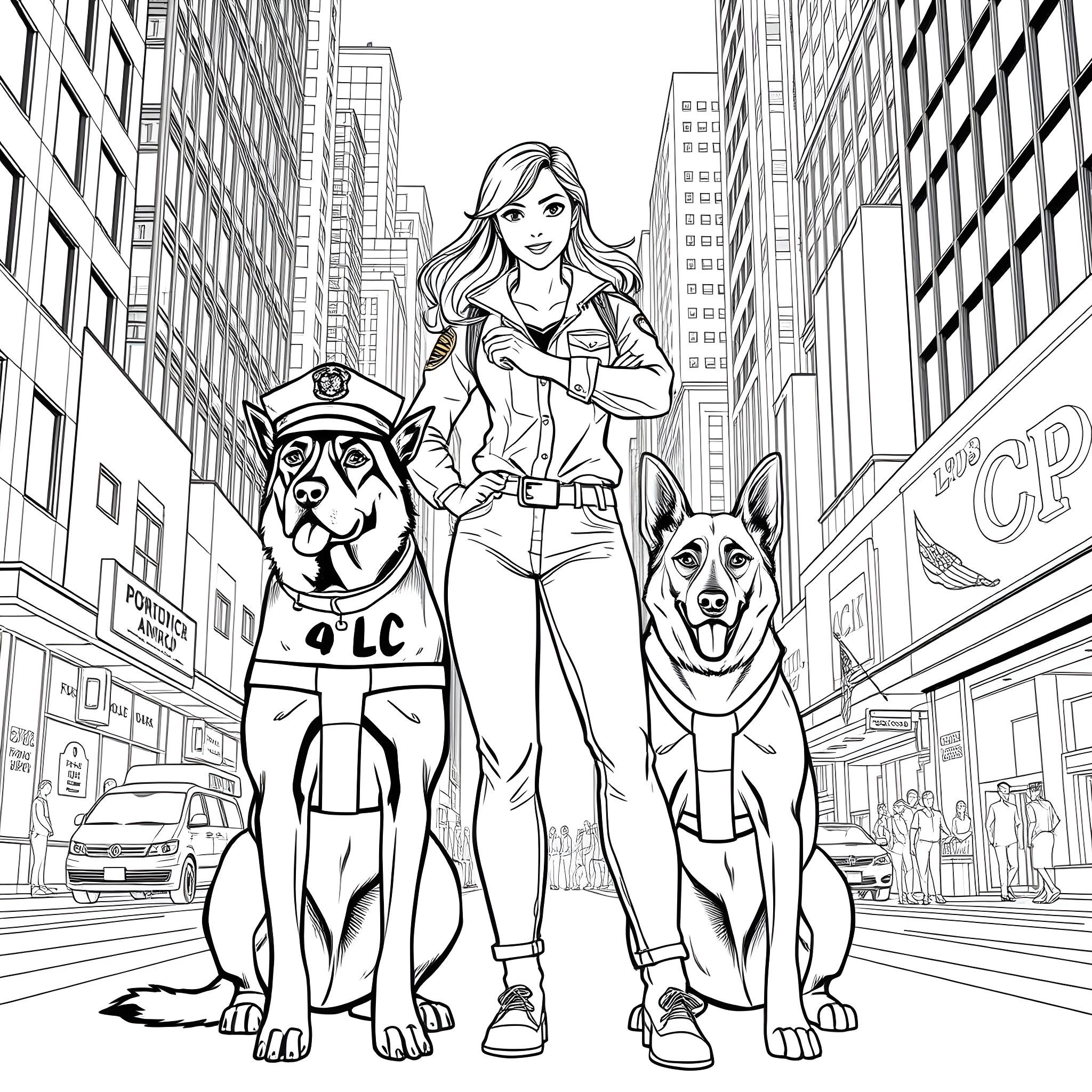 Woman with police dogs in a city setting Coloring Page (free black-and-white line drawing printable PDF for all, from beginners to advanced learners, including children, teens, adults, and seniors)