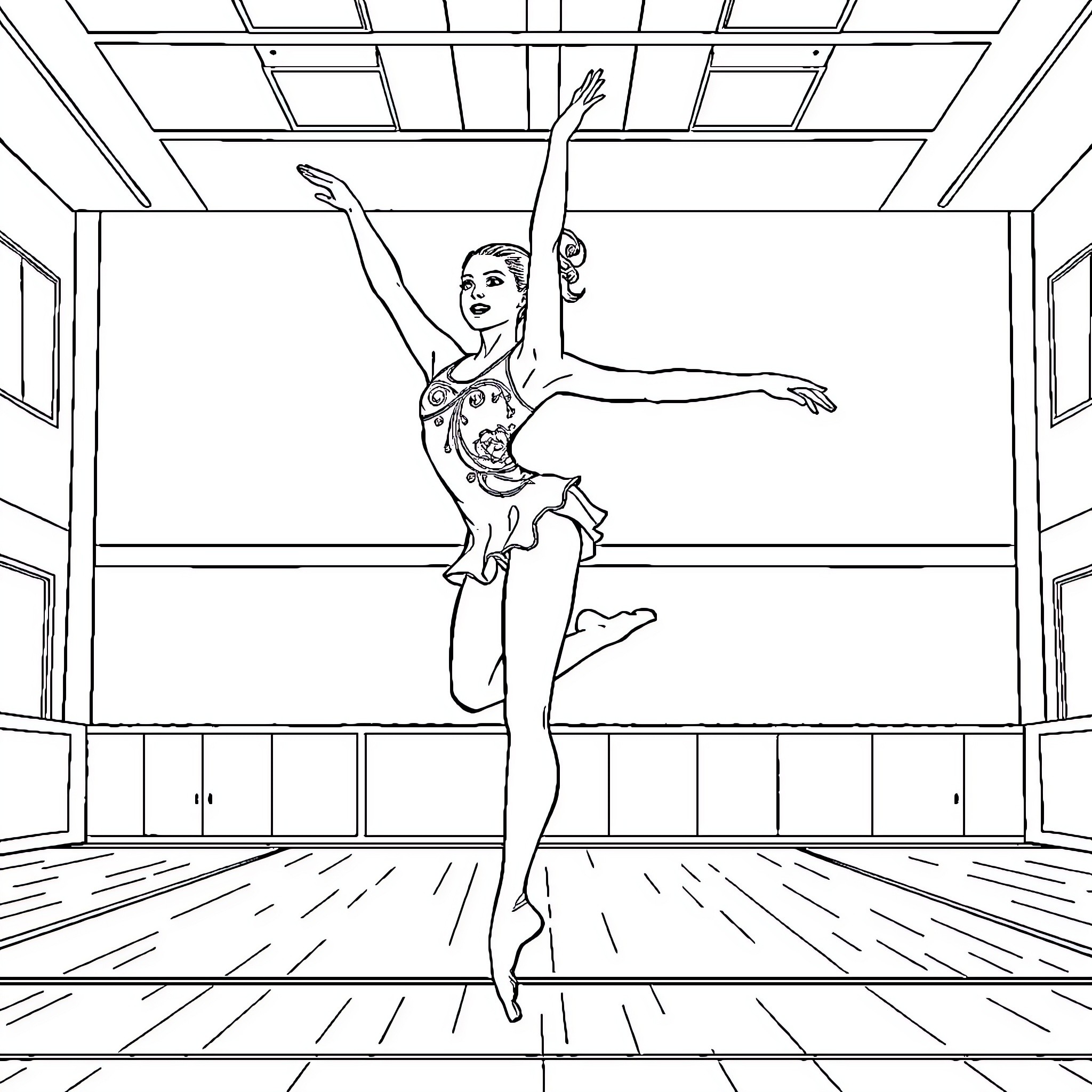 Gymnast Performing Graceful Routine on Stage Coloring Page (free black-and-white line drawing printable PDF for all, from beginners to advanced learners, including children, teens, adults, and seniors)