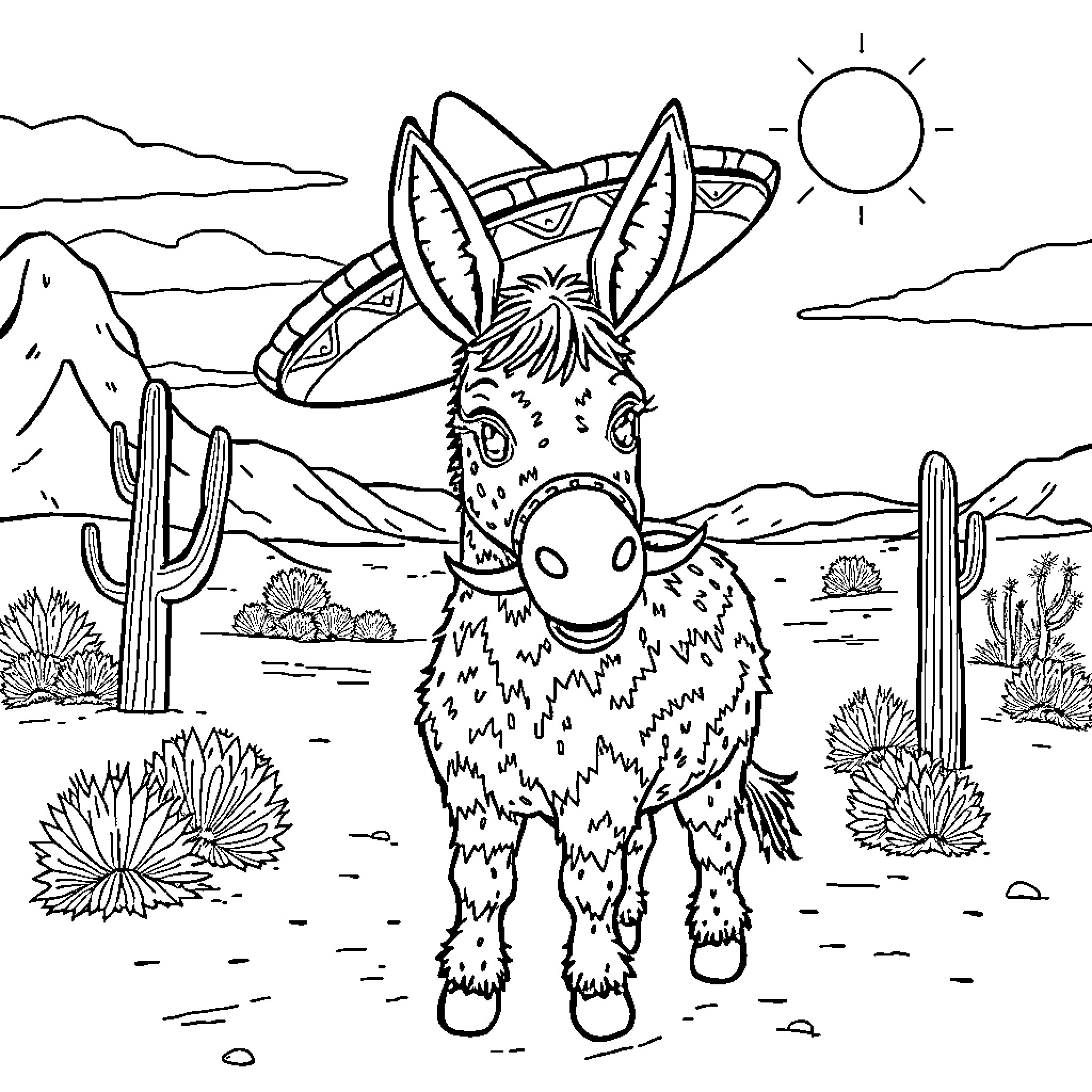 Pinata Donkey in the Desert Landscape Coloring Page (free black-and-white line drawing printable PDF for all, from beginners to advanced learners, including children, teens, adults, and seniors)