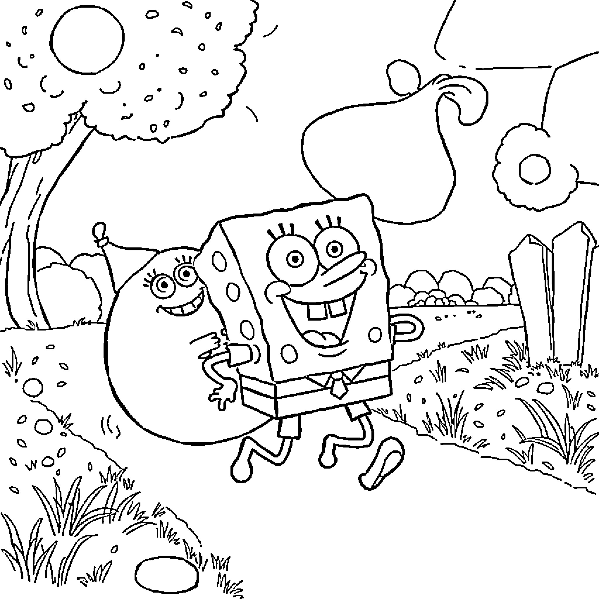 Spongebob enjoying the outdoors with friends Coloring Page (free black-and-white line drawing printable PDF for all, from beginners to advanced learners, including children, teens, adults, and seniors)