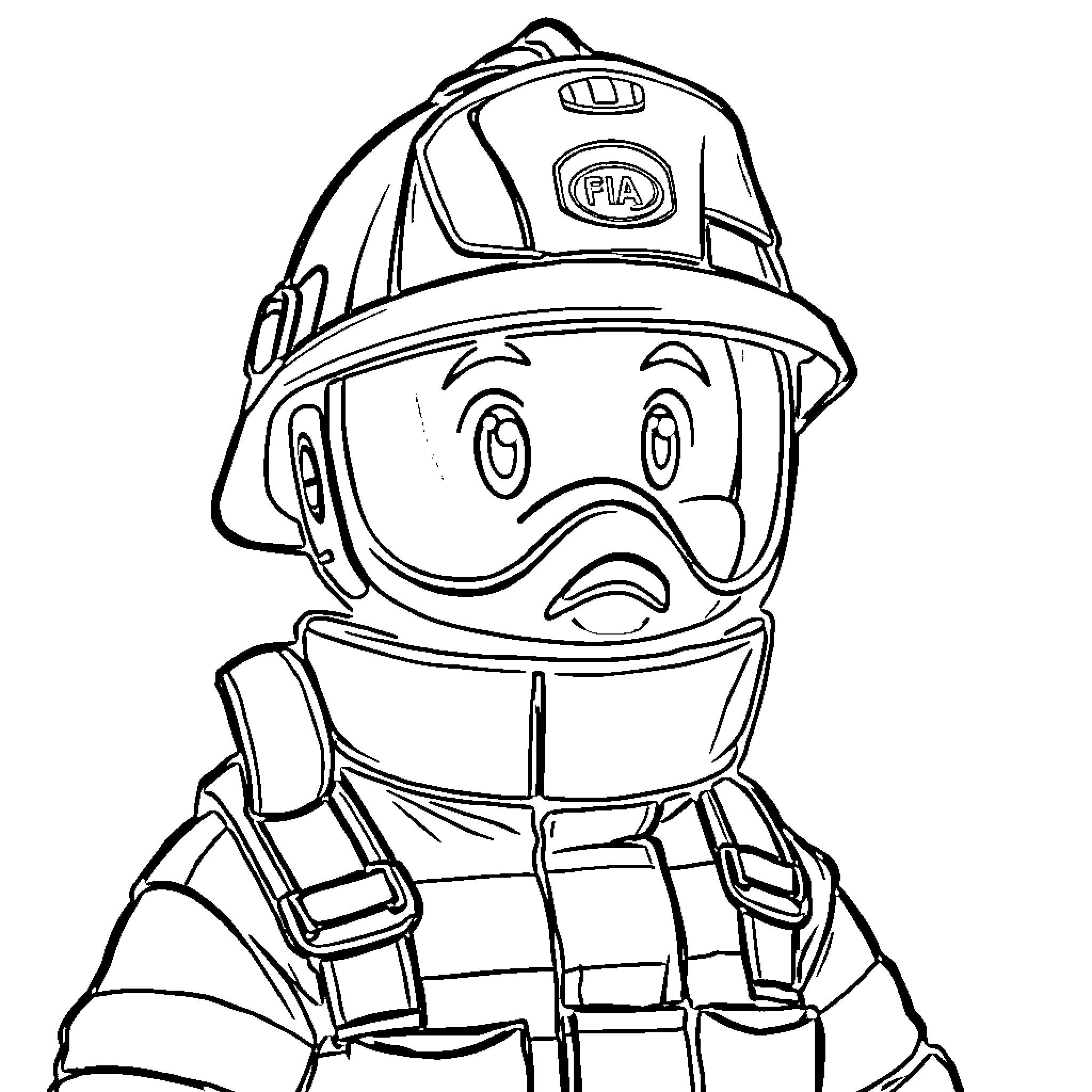 Turnout Gear Worn by Cheerful Firefighter Coloring Page (free black-and-white line drawing printable PDF for all, from beginners to advanced learners, including children, teens, adults, and seniors)