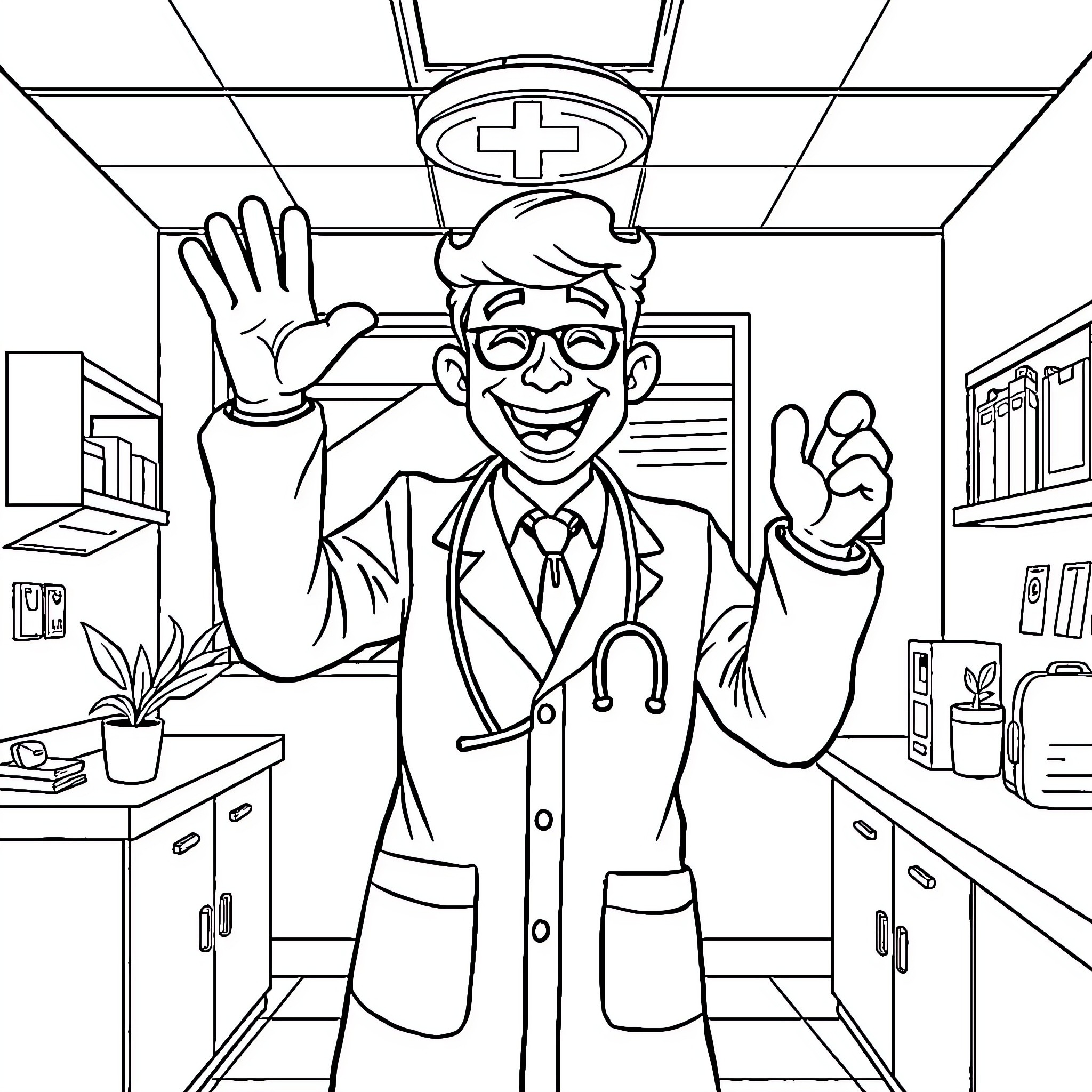 Doctor Joyfully Gesturing in Medical Office Coloring Page (free black-and-white line drawing printable PDF for all, from beginners to advanced learners, including children, teens, adults, and seniors)
