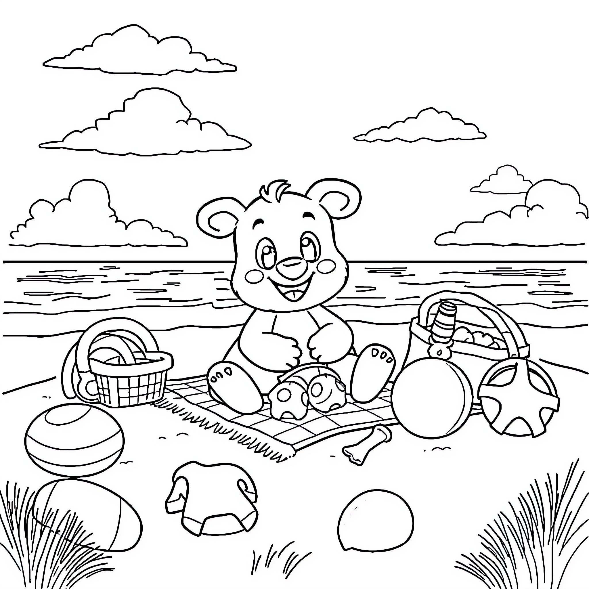 Bluey's Picnic Adventure at the Beach Coloring Page (free black-and-white line drawing printable PDF for all, from beginners to advanced learners, including children, teens, adults, and seniors)