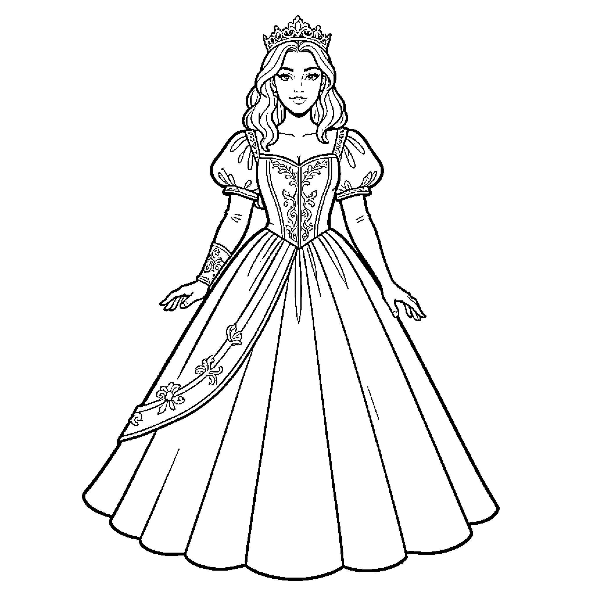 Beast of beauty wearing a regal crown and gown Coloring Page (free black-and-white line drawing printable PDF for all, from beginners to advanced learners, including children, teens, adults, and seniors)