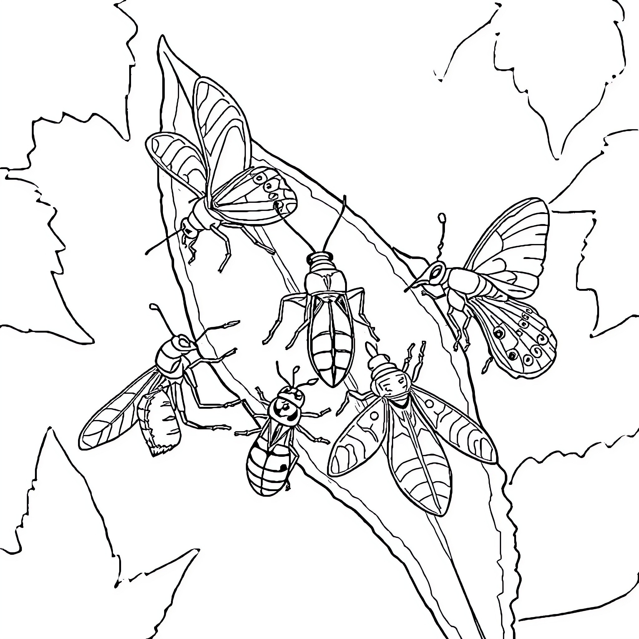 Insect friends exploring nature together Coloring Page (free black-and-white line drawing printable PDF for all, from beginners to advanced learners, including children, teens, adults, and seniors)