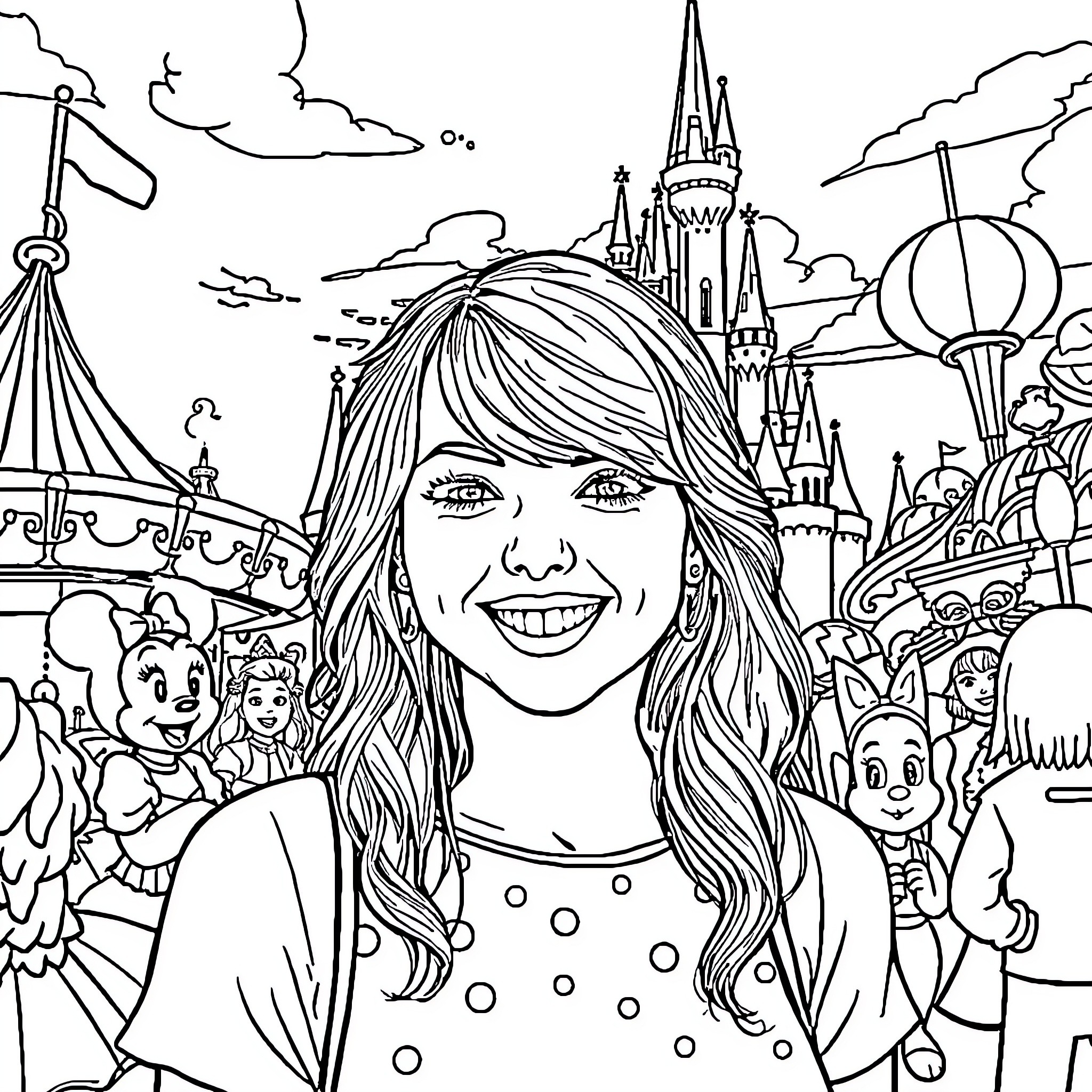Taylor Swift at a magical Disney-inspired theme park Coloring Page (free black-and-white line drawing printable PDF for all, from beginners to advanced learners, including children, teens, adults, and seniors)