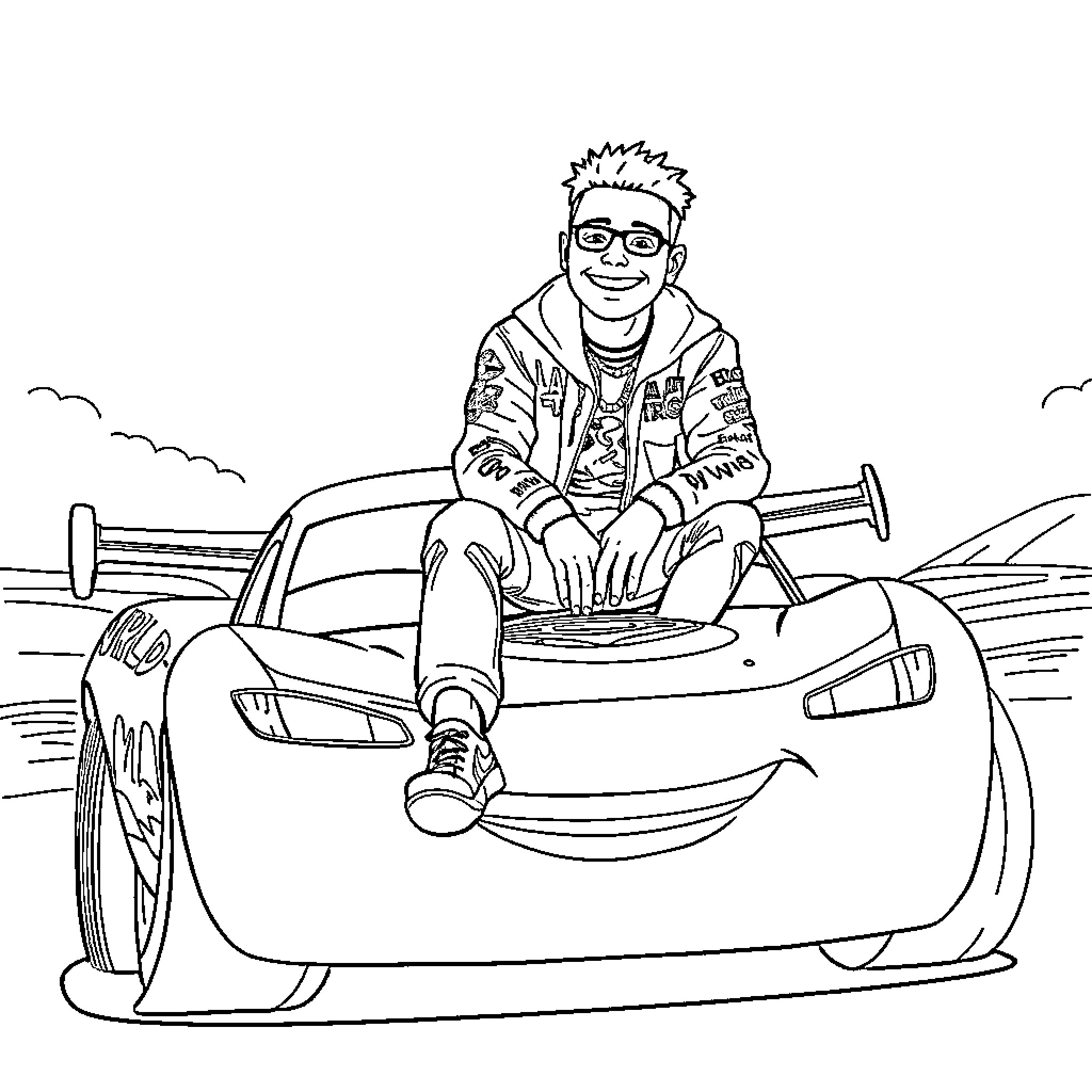 Juice Wrld's stylish ride in the open road Coloring Page (free black-and-white line drawing printable PDF for all, from beginners to advanced learners, including children, teens, adults, and seniors)