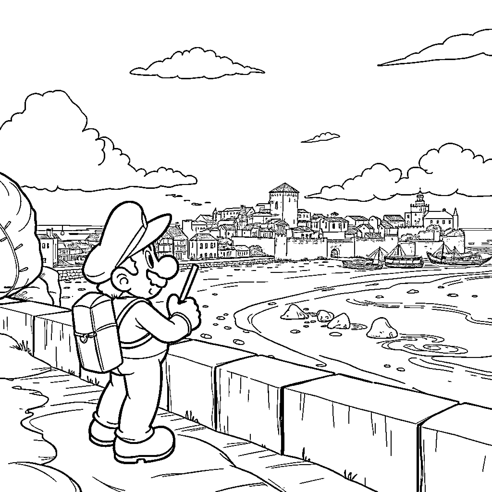 Mario enjoying the scenic view of a seaside town Coloring Page (free black-and-white line drawing printable PDF for all, from beginners to advanced learners, including children, teens, adults, and seniors)