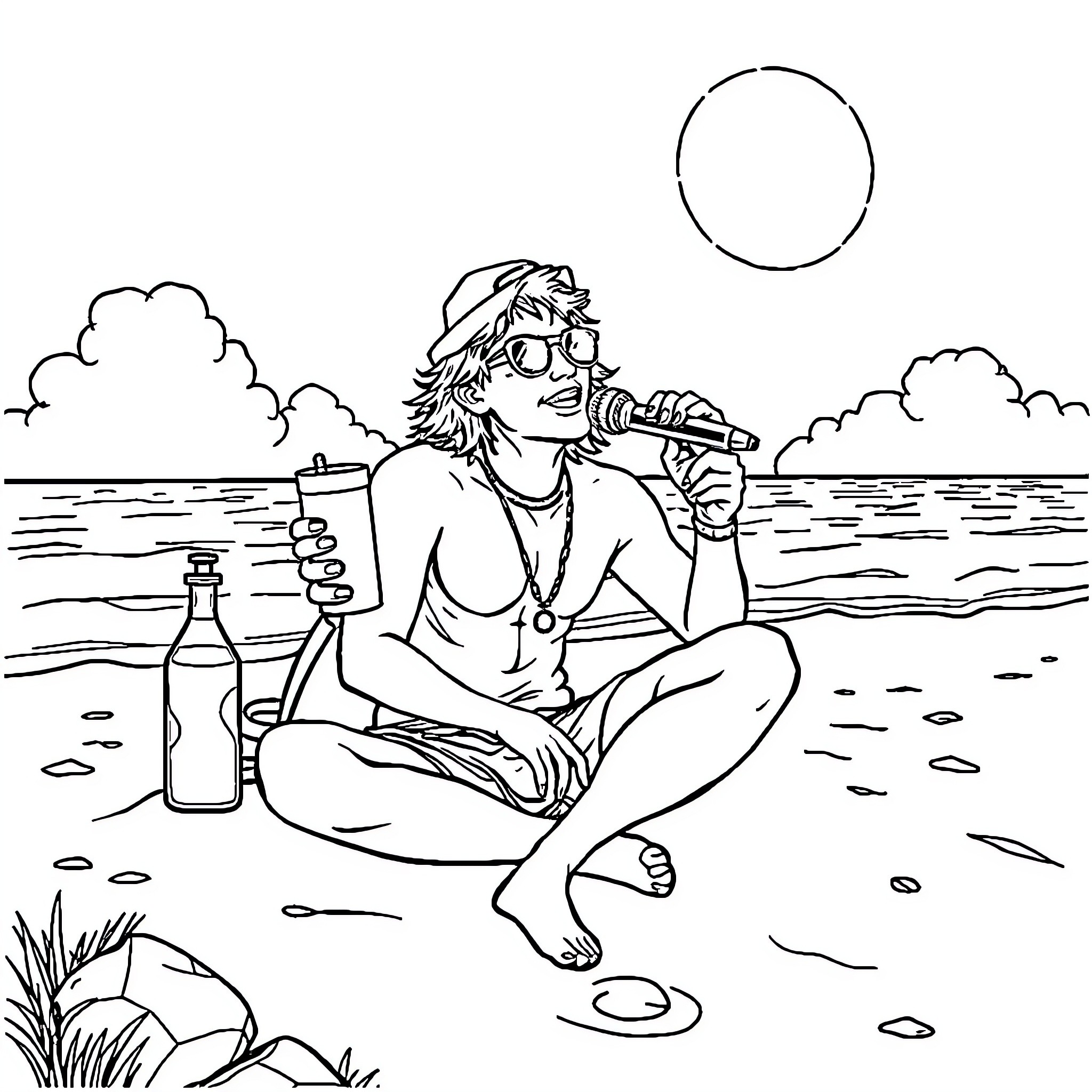 Vessel Singing Alone on the Beach Coloring Page (free black-and-white line drawing printable PDF for all, from beginners to advanced learners, including children, teens, adults, and seniors)