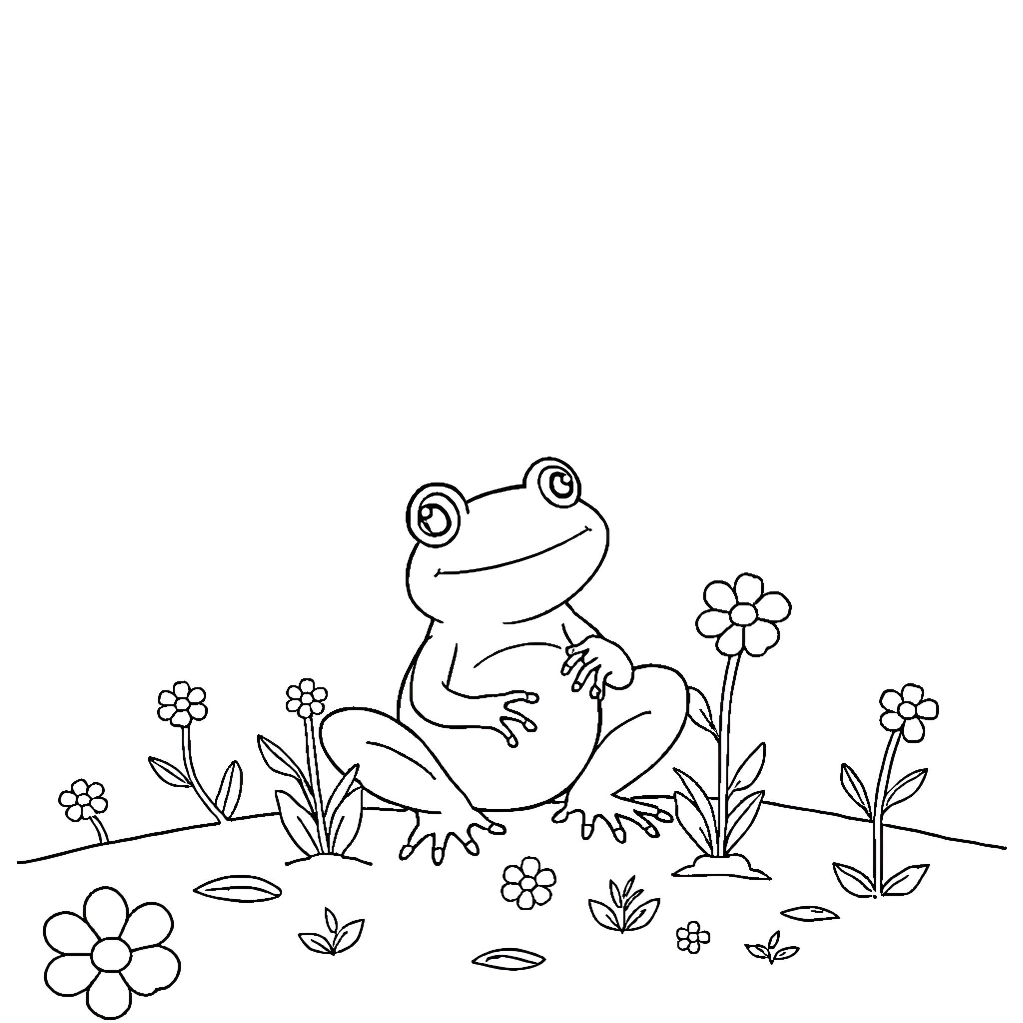 Frog sitting amidst flowers Coloring Page (free black-and-white line drawing printable PDF for all, from beginners to advanced learners, including children, teens, adults, and seniors)