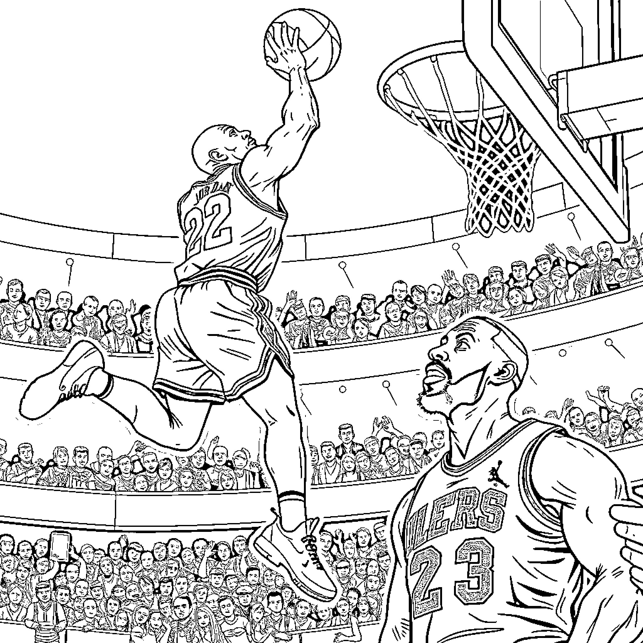 Michael Jordan's Legendary Slam Dunk in Basketball Arena Coloring Page (free black-and-white line drawing printable PDF for all, from beginners to advanced learners, including children, teens, adults, and seniors)