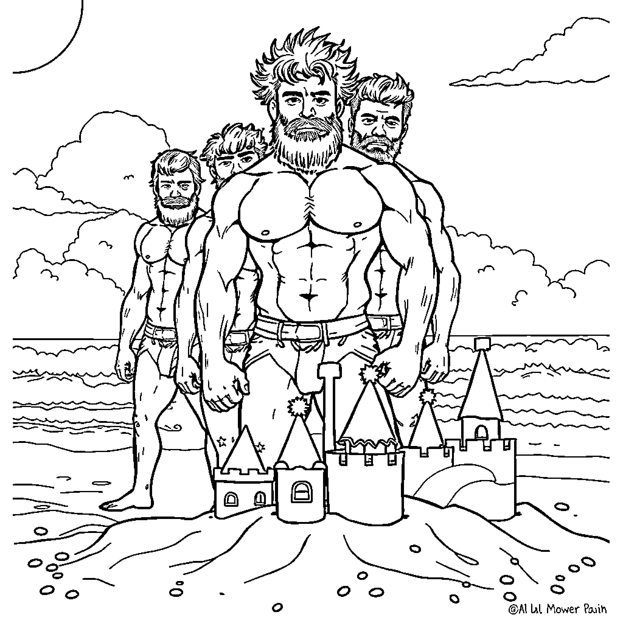 Man in muscular build with companions stands proudly on castle ruins Coloring Page (free black-and-white line drawing printable PDF for all, from beginners to advanced learners, including children, teens, adults, and seniors)