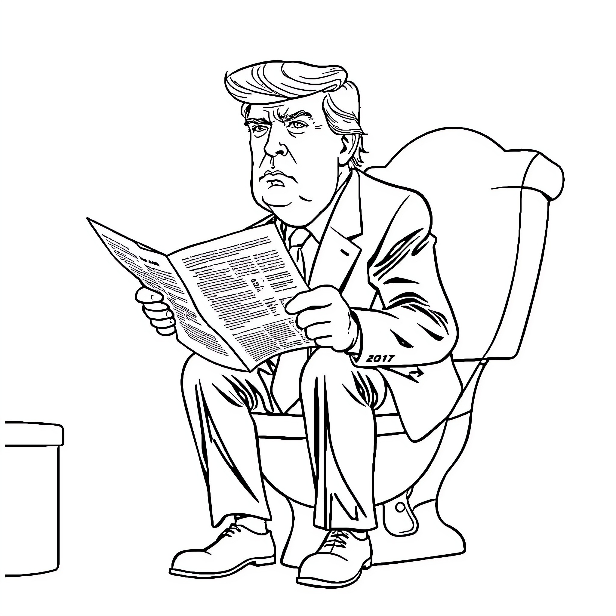Trump Reading Newspaper with Serious Expression Coloring Page (free black-and-white line drawing printable PDF for all, from beginners to advanced learners, including children, teens, adults, and seniors)