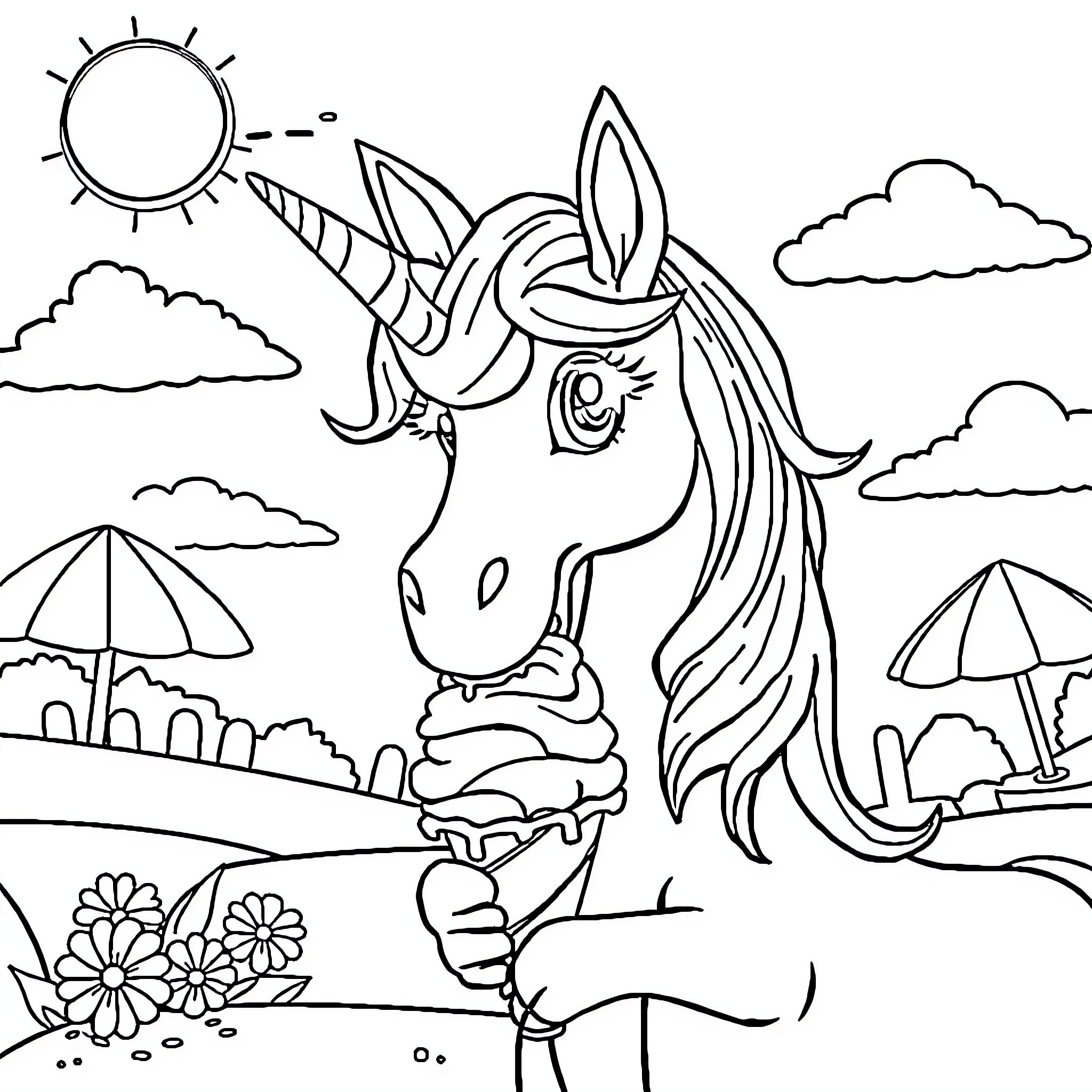 Unicorn enjoying an ice cream cone in a sunny park Coloring Page (free black-and-white line drawing printable PDF for all, from beginners to advanced learners, including children, teens, adults, and seniors)
