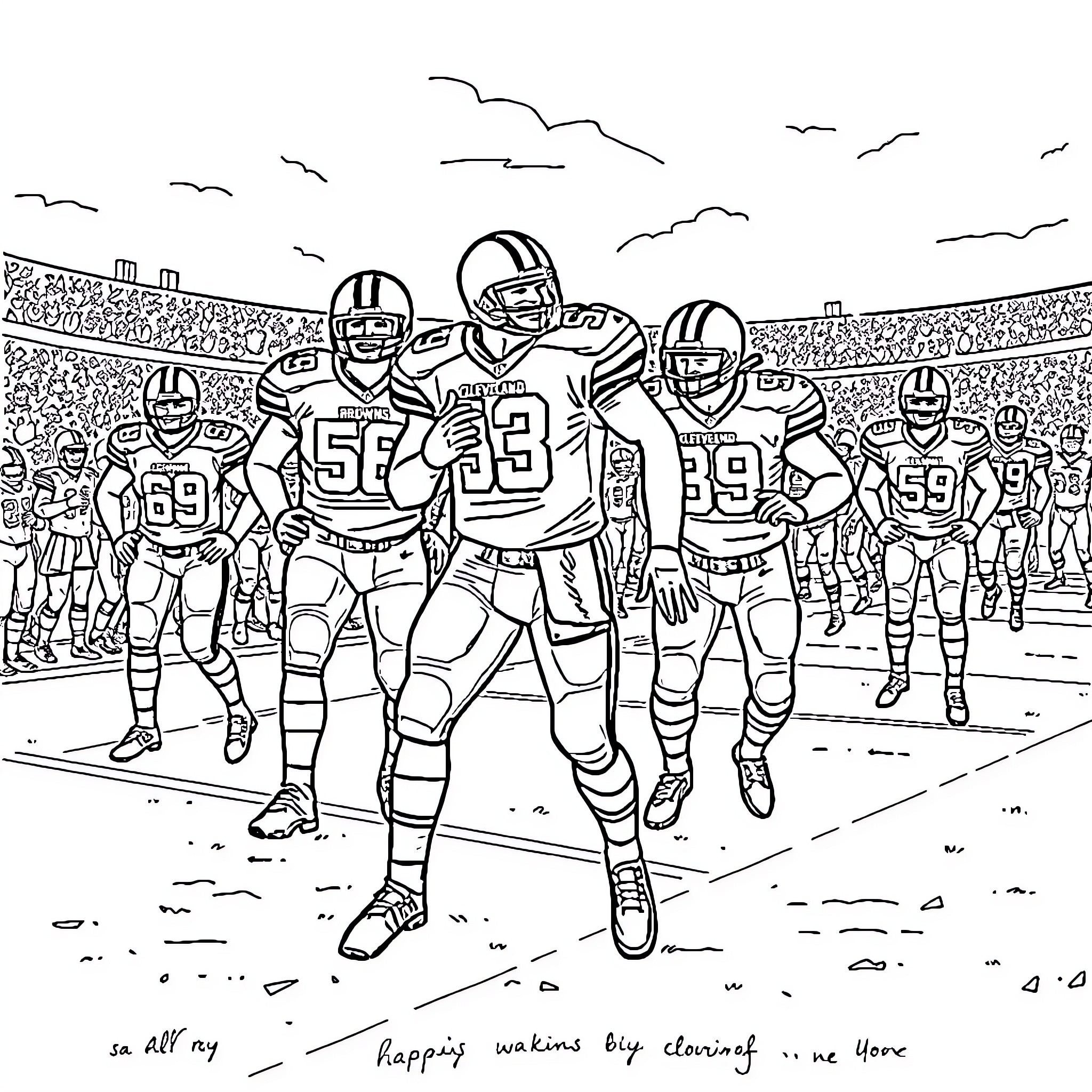 Cleveland Browns Football Players on the Field Coloring Page (free black-and-white line drawing printable PDF for all, from beginners to advanced learners, including children, teens, adults, and seniors)