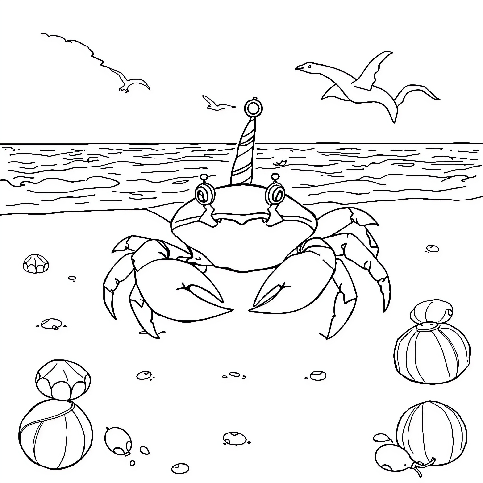 Crab exploring the coastal scenery Coloring Page (free black-and-white line drawing printable PDF for all, from beginners to advanced learners, including children, teens, adults, and seniors)