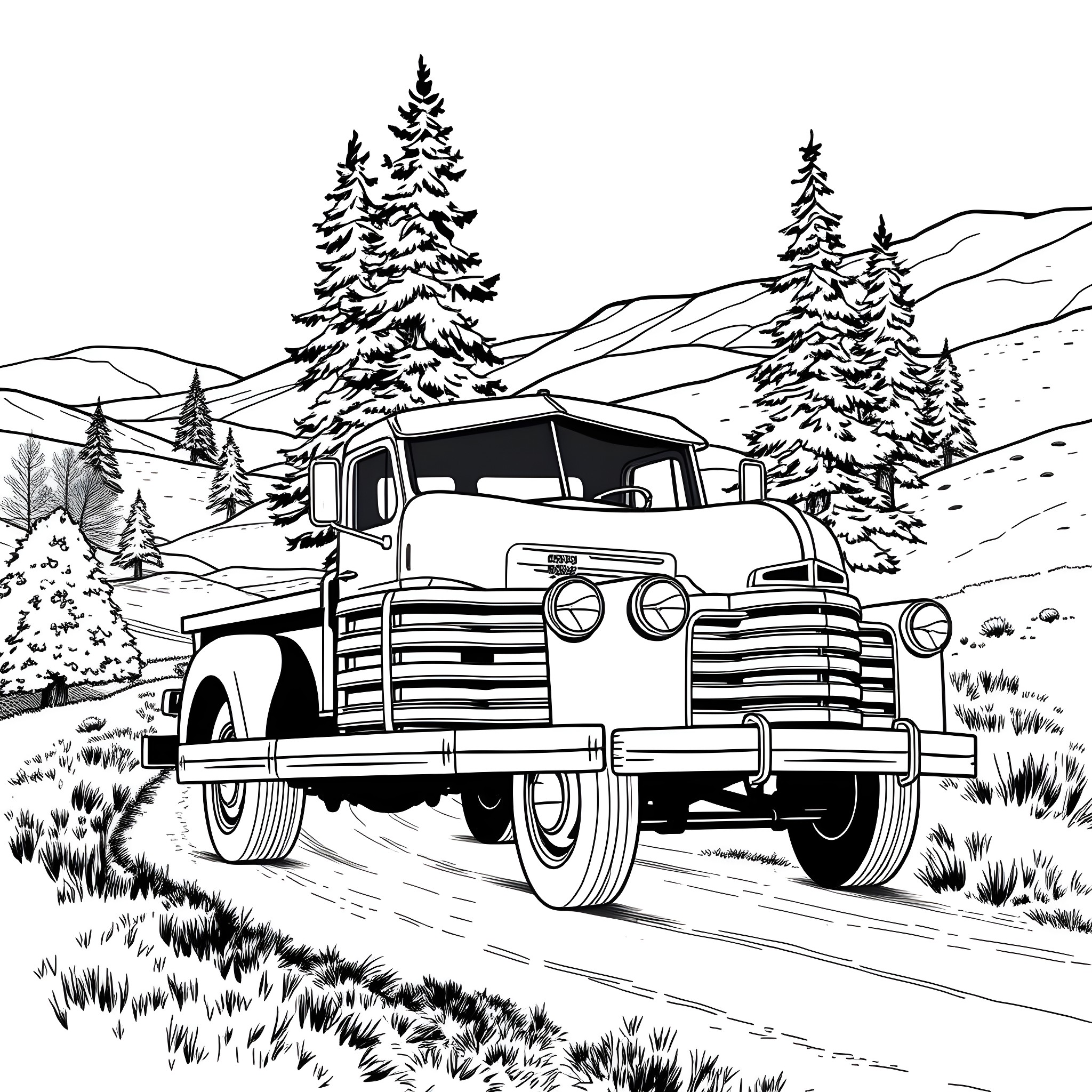 Truck in snowy landscape with pine trees Coloring Page (free black-and-white line drawing printable PDF for all, from beginners to advanced learners, including children, teens, adults, and seniors)
