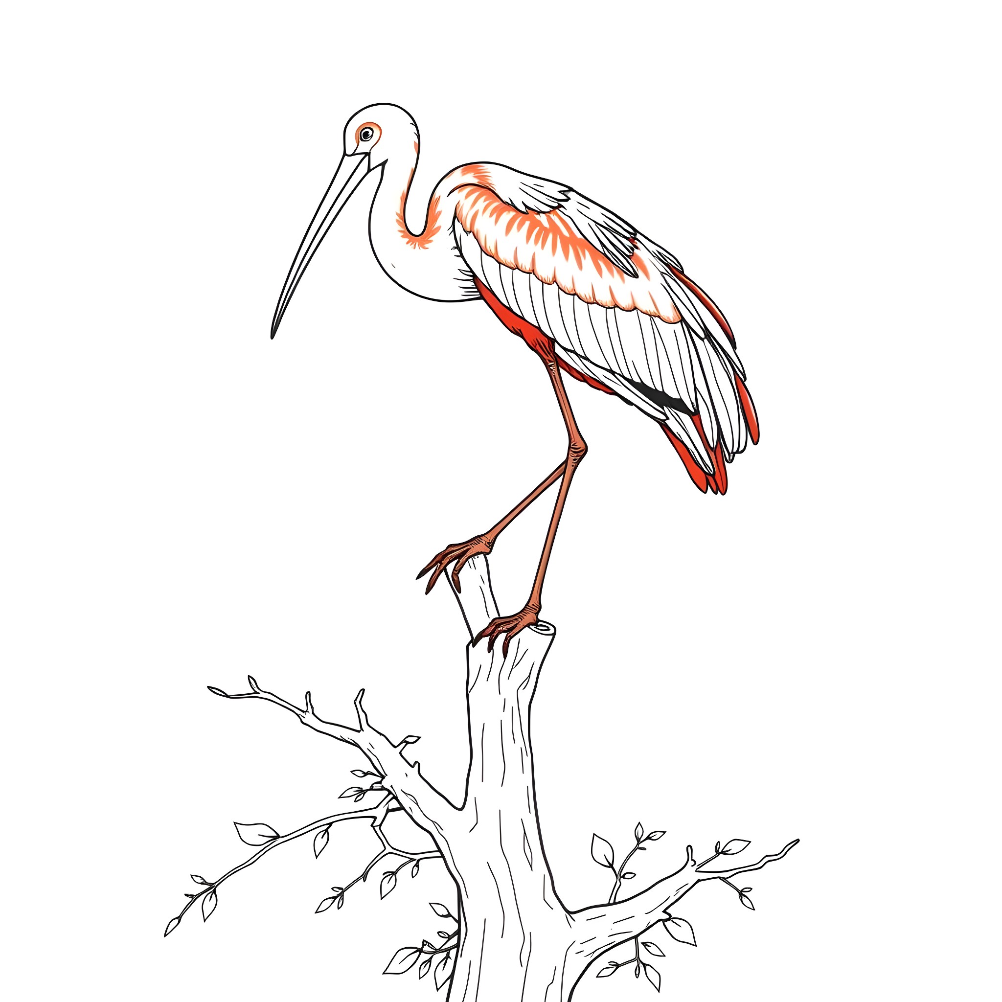 Scarlet Ibis perched on a tree branch Coloring Page (free black-and-white line drawing printable PDF for all, from beginners to advanced learners, including children, teens, adults, and seniors)