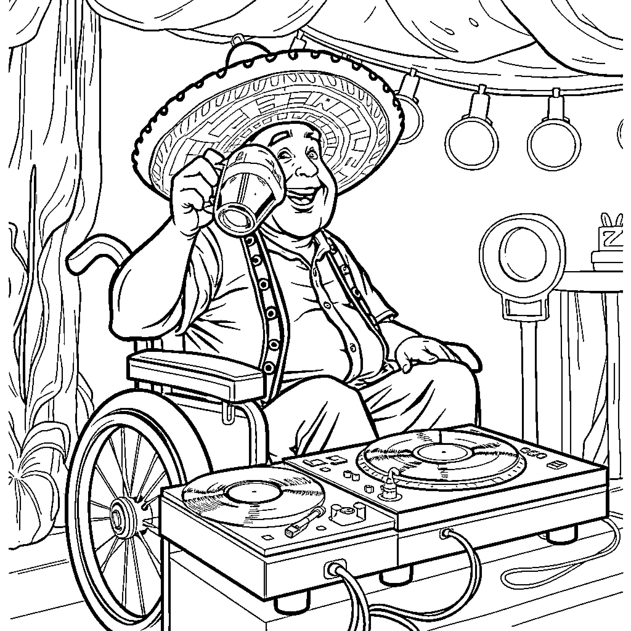 Man playing music in a wheelchair with sombrero Coloring Page (free black-and-white line drawing printable PDF for all, from beginners to advanced learners, including children, teens, adults, and seniors)