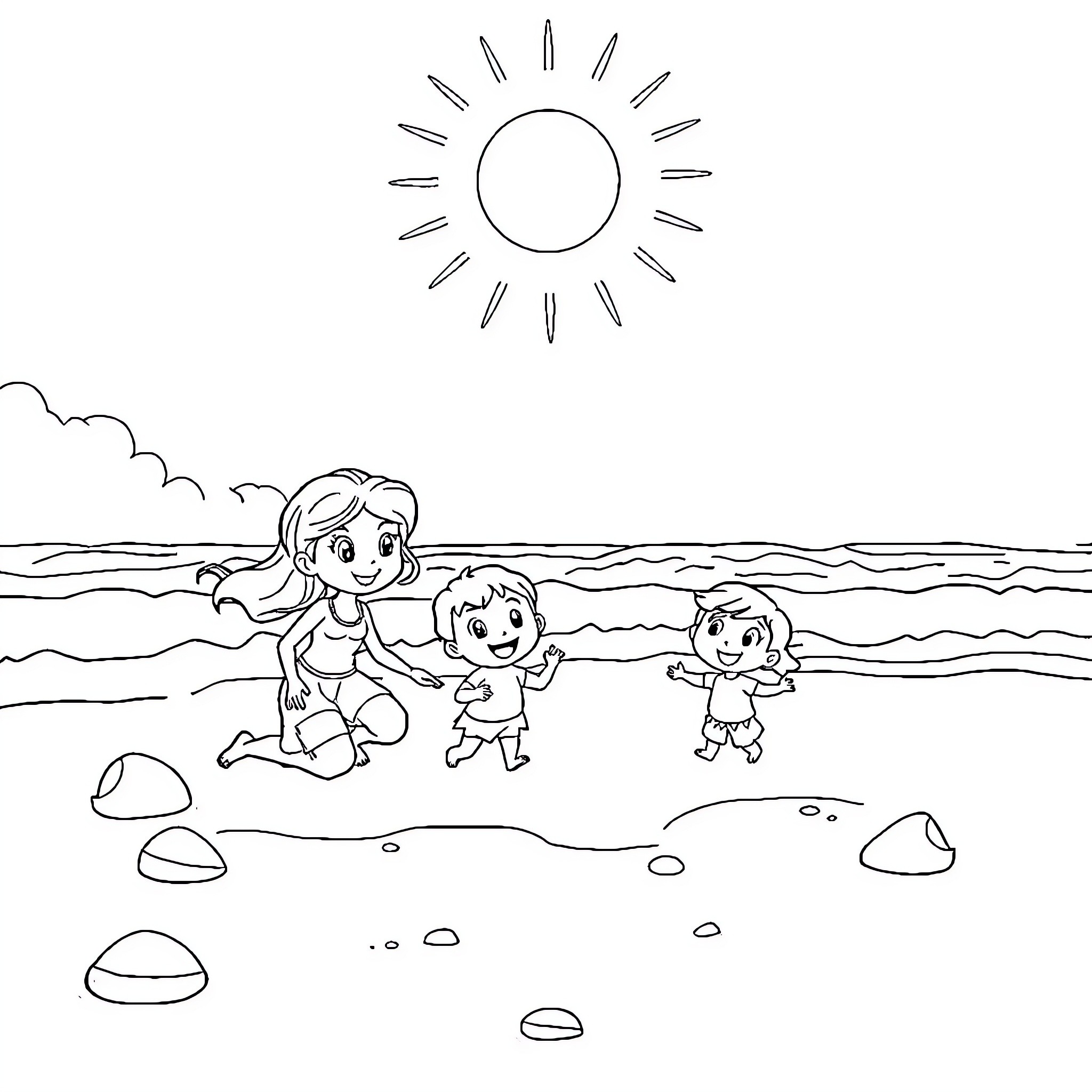 Bluey and family playing at the beach Coloring Page (free black-and-white line drawing printable PDF for all, from beginners to advanced learners, including children, teens, adults, and seniors)