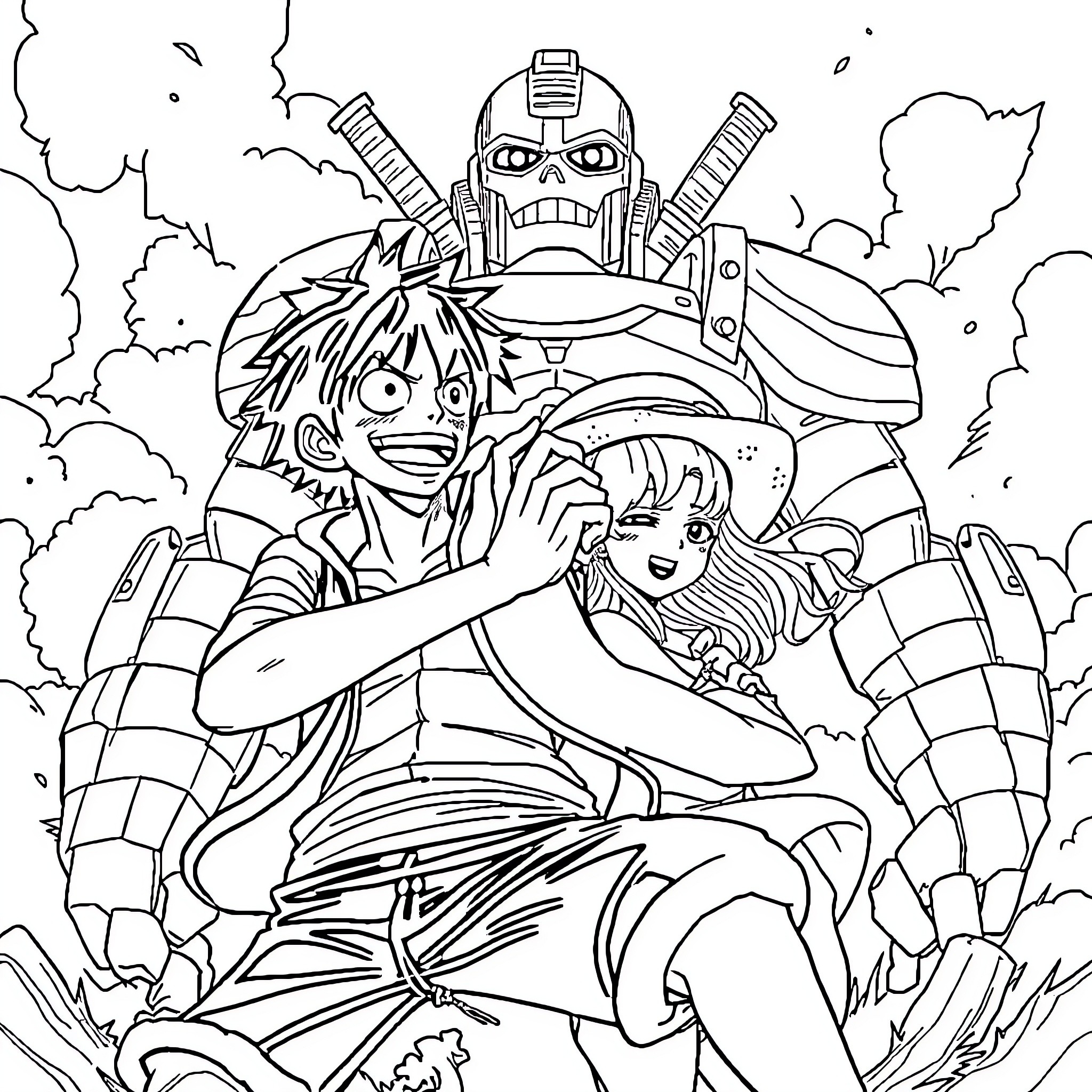 Monkey D Luffy and friends in an epic adventure Coloring Page (free black-and-white line drawing printable PDF for all, from beginners to advanced learners, including children, teens, adults, and seniors)