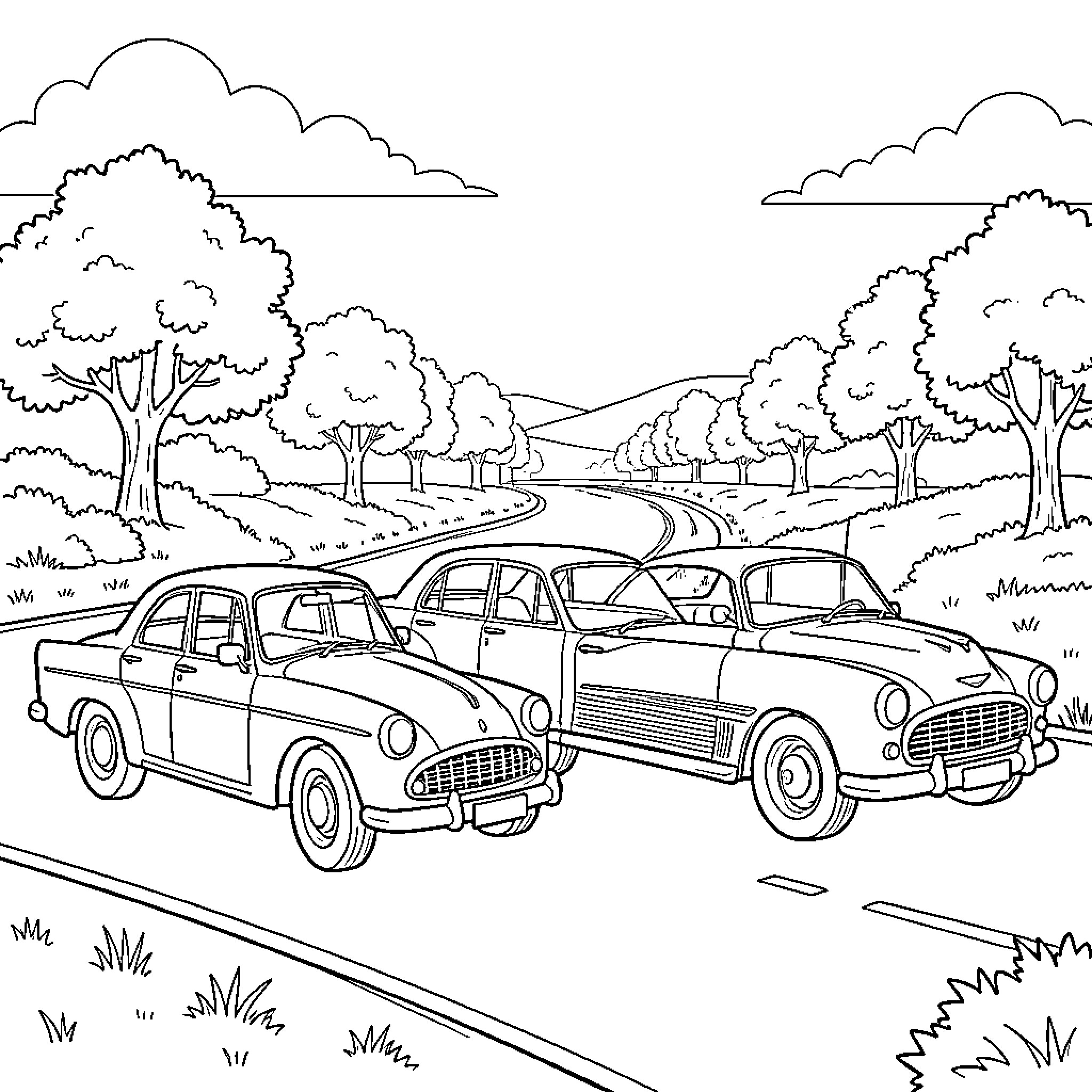 Classic Car driving along a scenic winding road Coloring Page (free black-and-white line drawing printable PDF for all, from beginners to advanced learners, including children, teens, adults, and seniors)