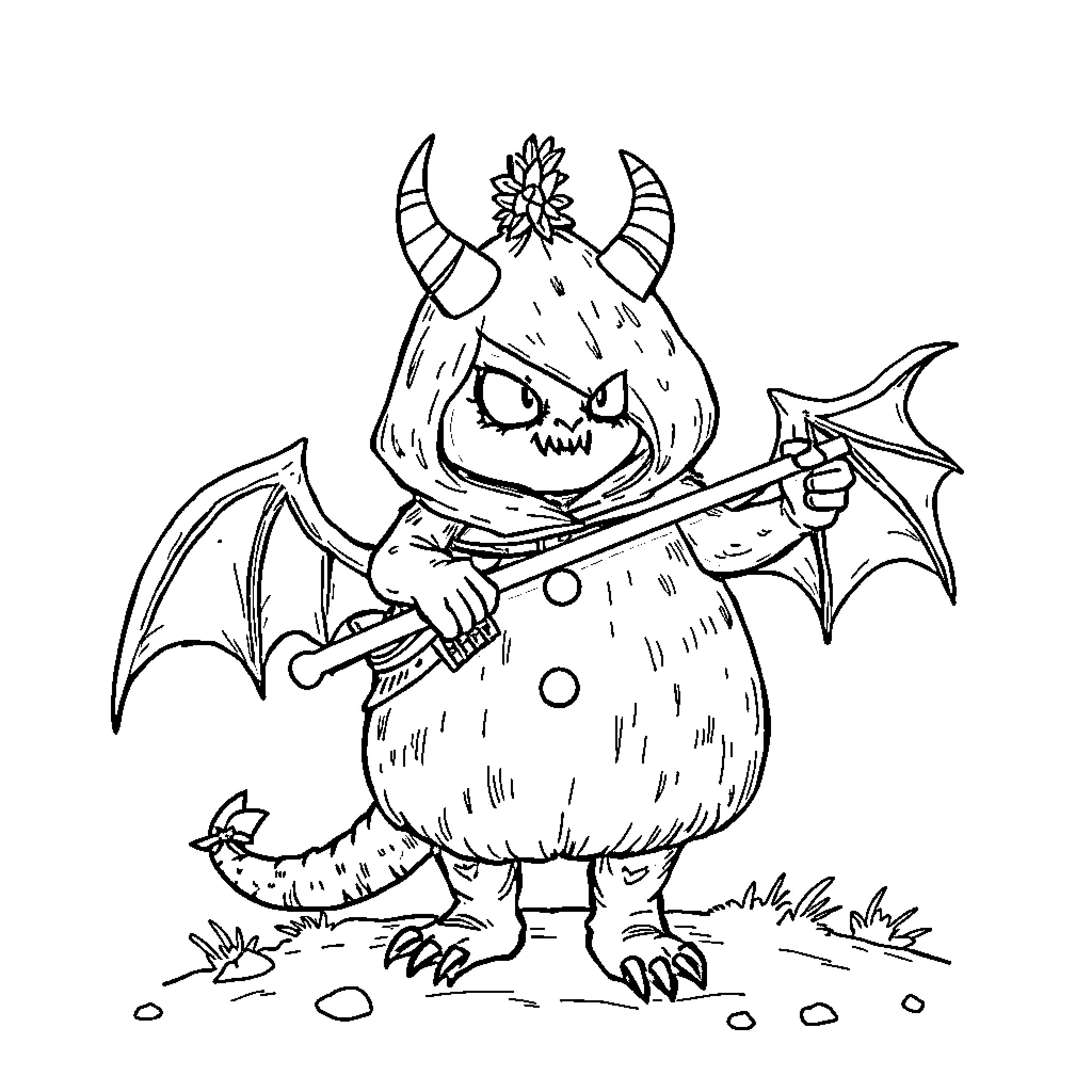 Sapin Creature with Horn Holding Pitchfork Coloring Page (free black-and-white line drawing printable PDF for all, from beginners to advanced learners, including children, teens, adults, and seniors)