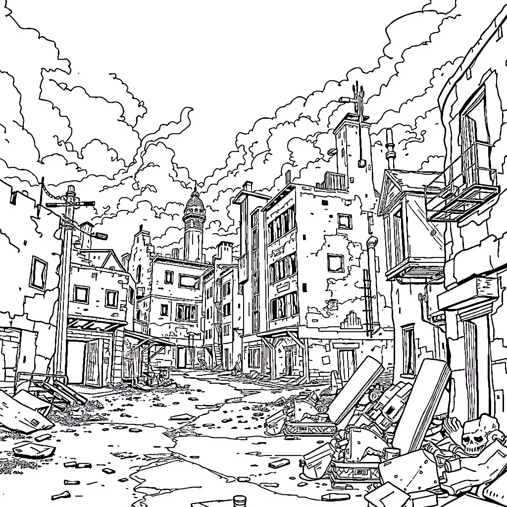 Fallout: Desolate City Ruins in Cloudy Aftermath Coloring Page (free black-and-white line drawing printable PDF for all, from beginners to advanced learners, including children, teens, adults, and seniors)