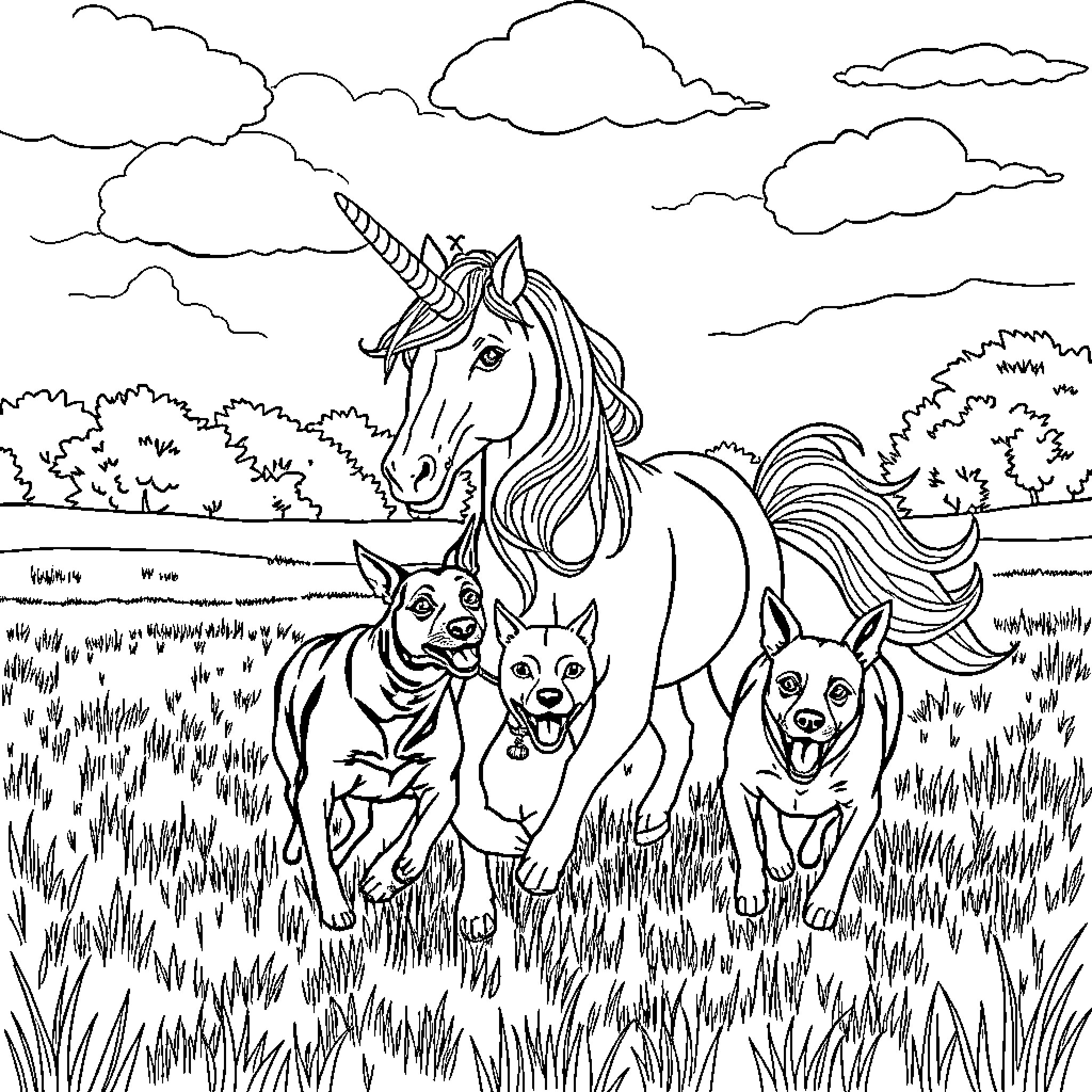 Licorne and Playful Canine Companions in Pastoral Landscape Coloring Page (free black-and-white line drawing printable PDF for all, from beginners to advanced learners, including children, teens, adults, and seniors)