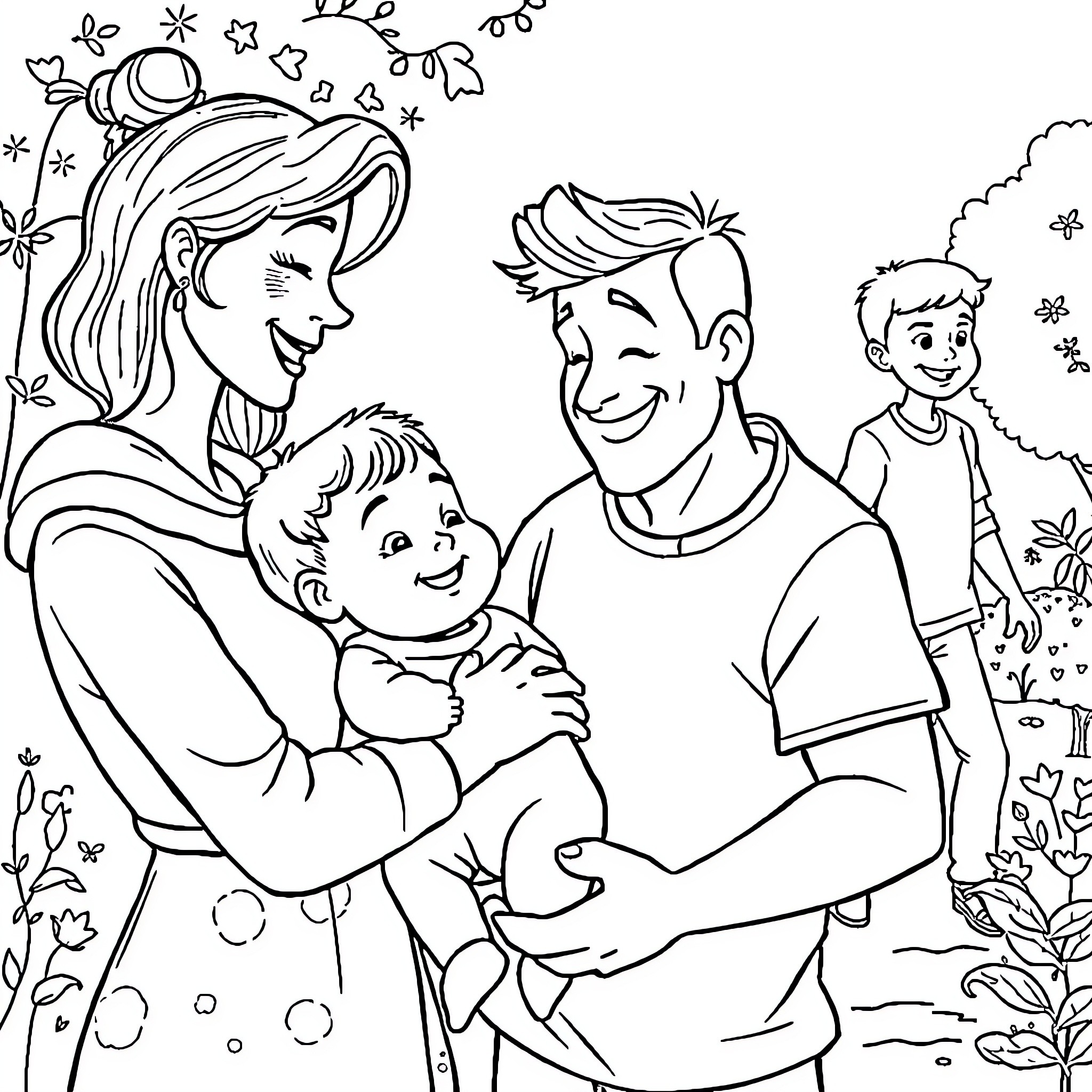 Mum and Dad Embracing Family Happily in the Garden Coloring Page (free black-and-white line drawing printable PDF for all, from beginners to advanced learners, including children, teens, adults, and seniors)