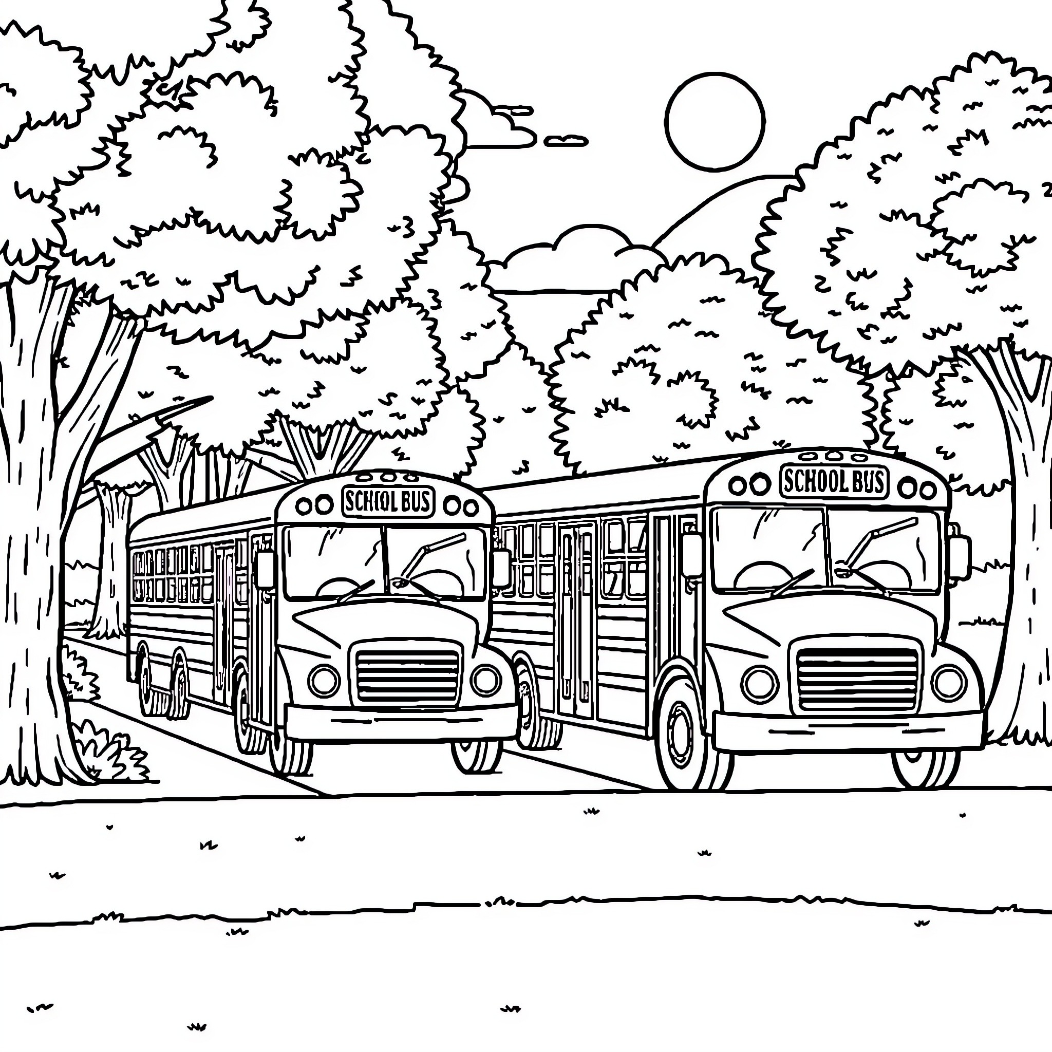 School Bus Transporting Students in Scenic Landscape Coloring Page (free black-and-white line drawing printable PDF for all, from beginners to advanced learners, including children, teens, adults, and seniors)