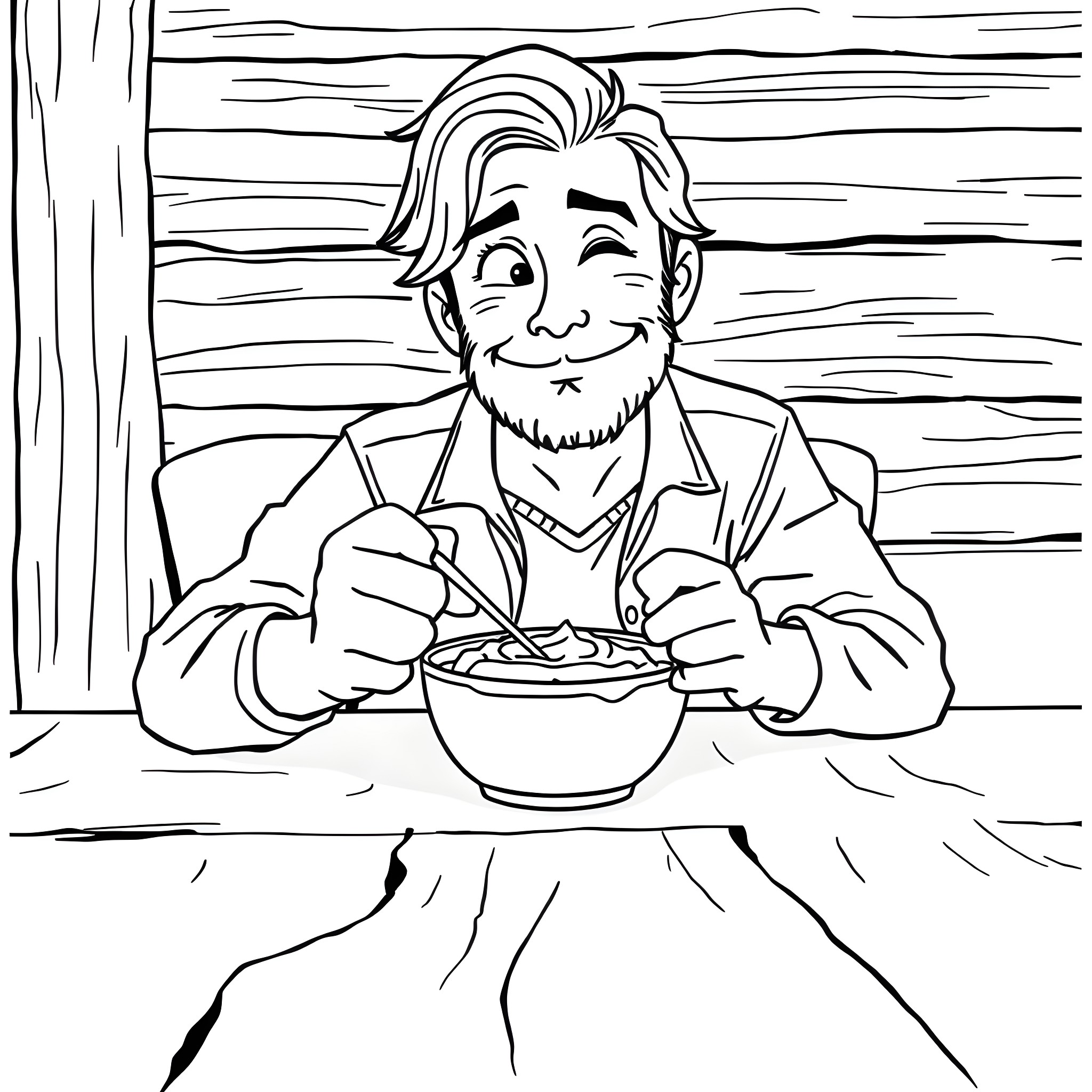 Carl Grimes enjoying a warm meal Coloring Page (free black-and-white line drawing printable PDF for all, from beginners to advanced learners, including children, teens, adults, and seniors)