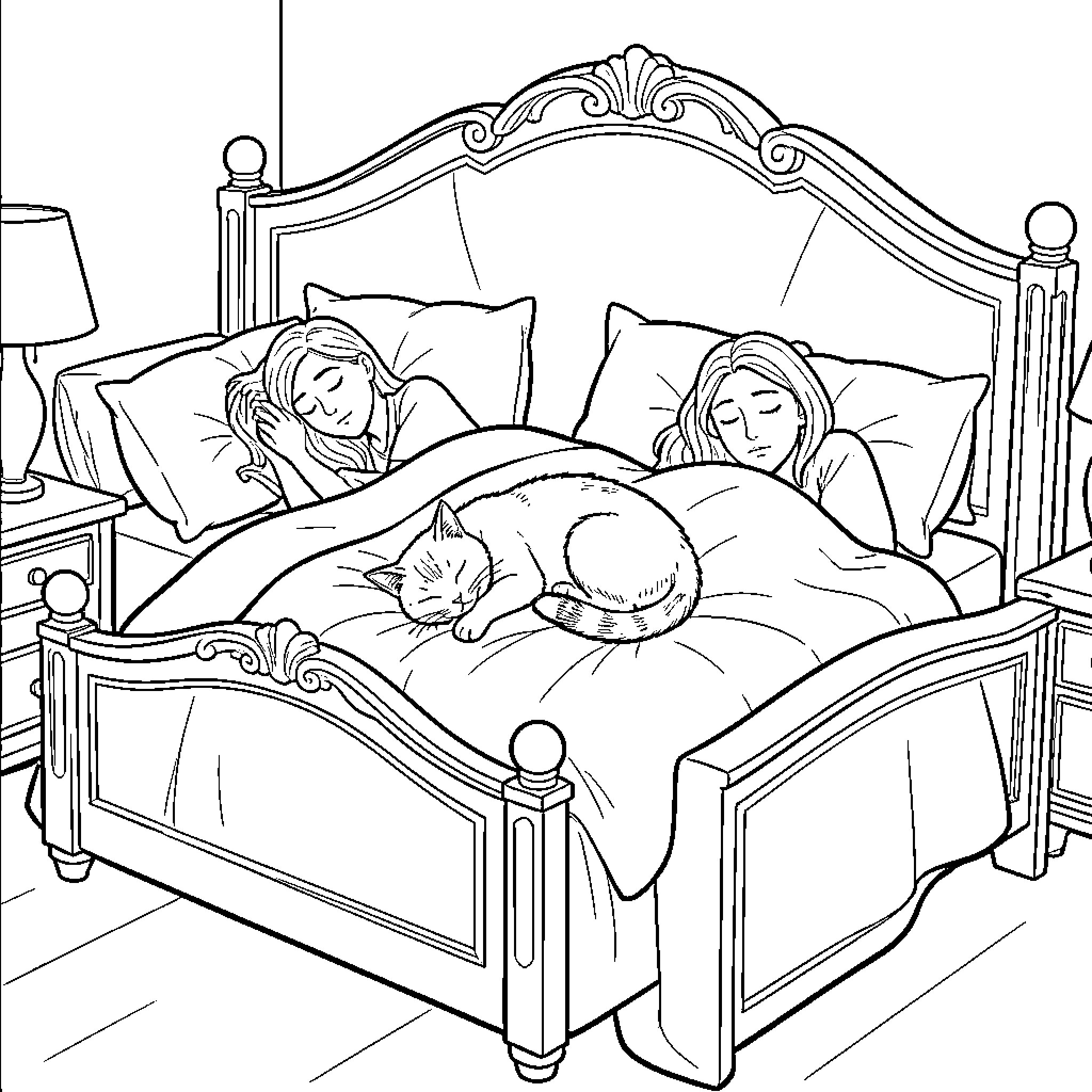 Cat napping peacefully in bedroom with sleeping humans Coloring Page (free black-and-white line drawing printable PDF for all, from beginners to advanced learners, including children, teens, adults, and seniors)