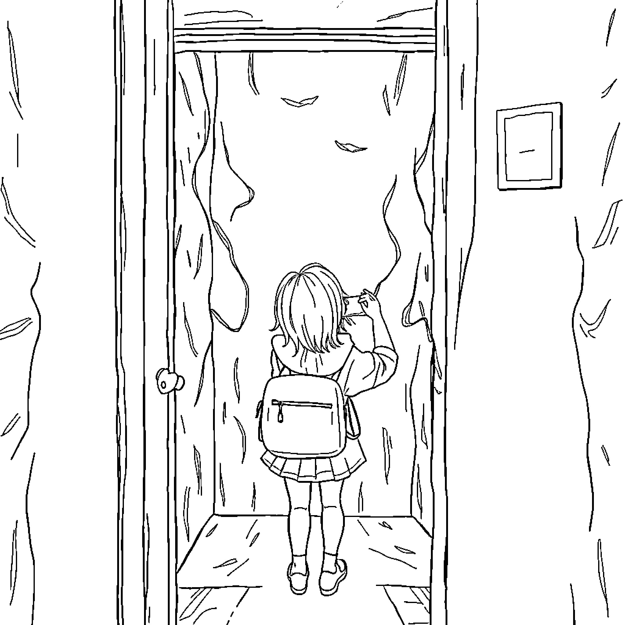 Girl exploring a mysterious doorway Coloring Page (free black-and-white line drawing printable PDF for all, from beginners to advanced learners, including children, teens, adults, and seniors)