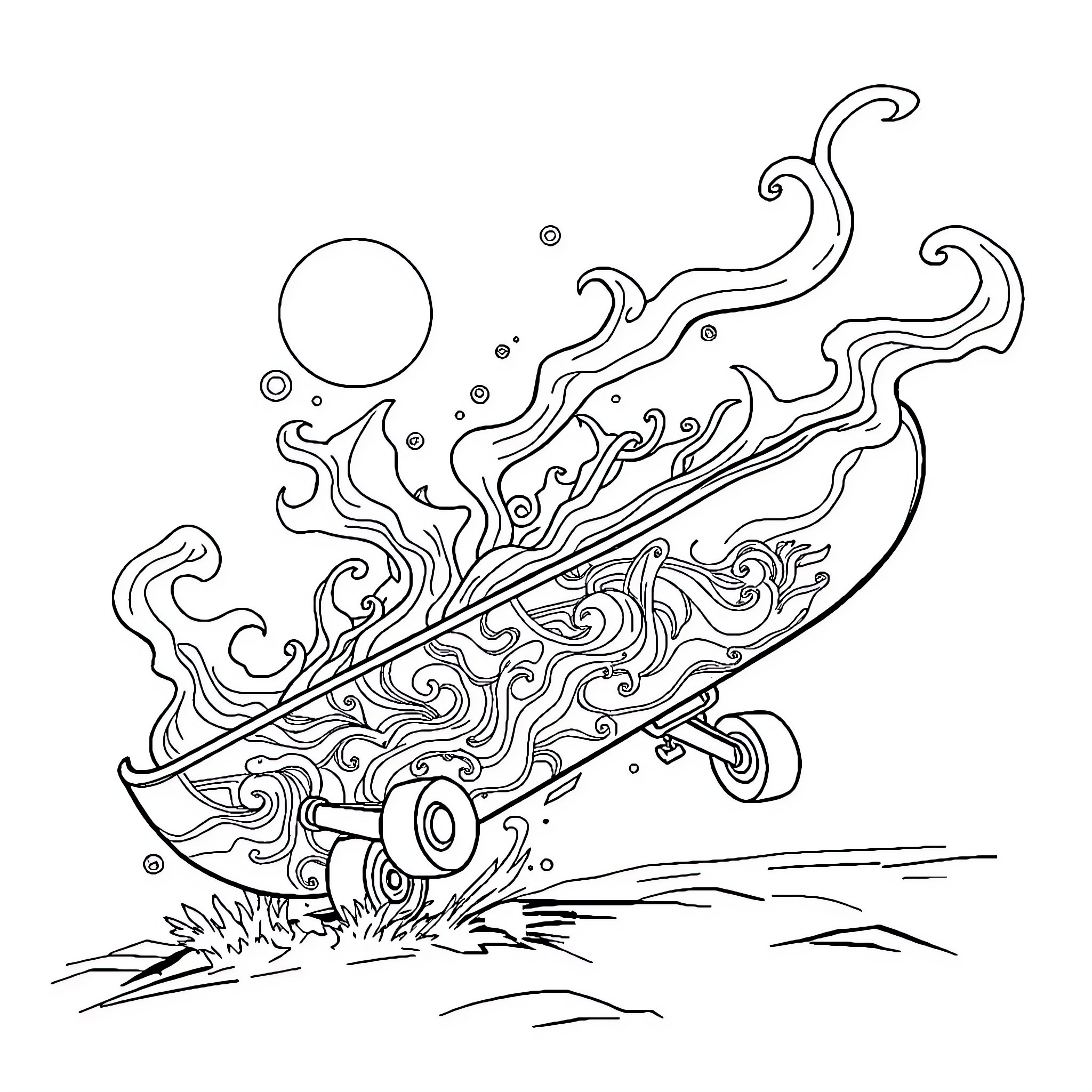 Rocket soaring through psychedelic landscapes Coloring Page (free black-and-white line drawing printable PDF for all, from beginners to advanced learners, including children, teens, adults, and seniors)