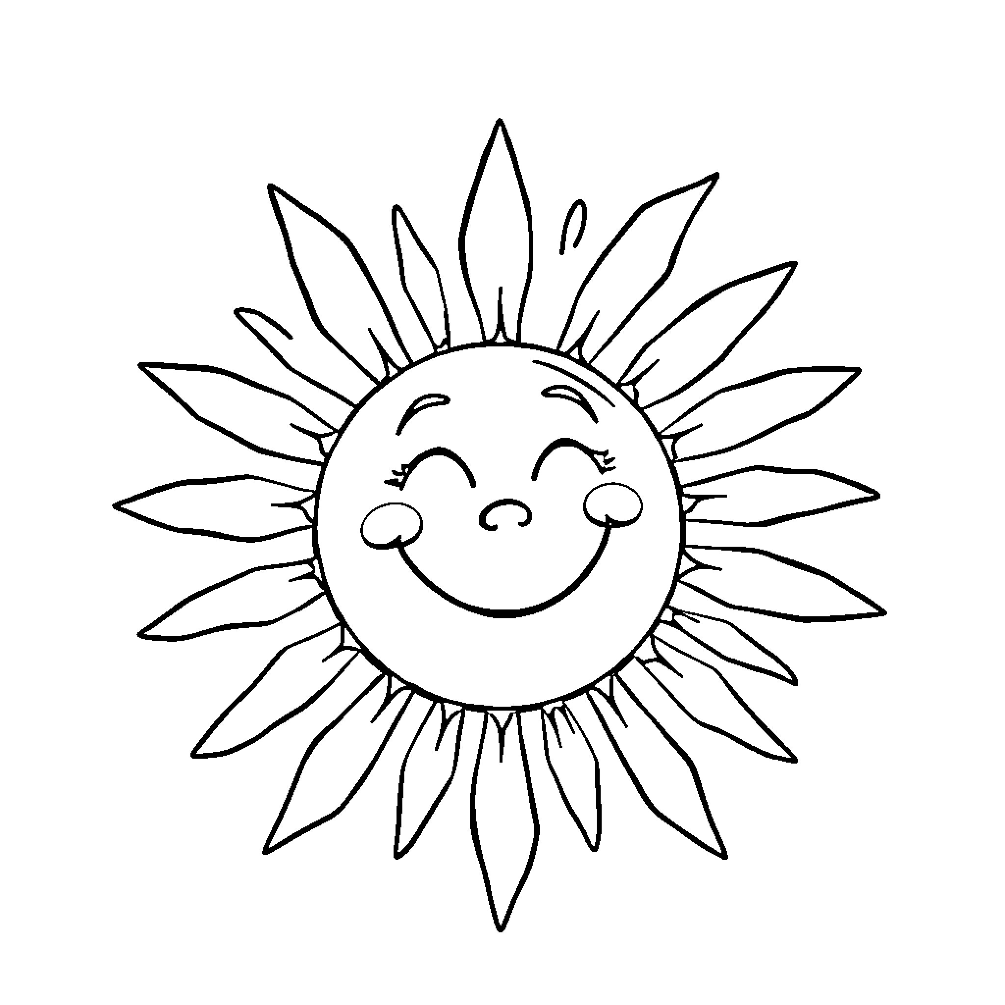 Sun shining with a cheerful expression Coloring Page (free black-and-white line drawing printable PDF for all, from beginners to advanced learners, including children, teens, adults, and seniors)